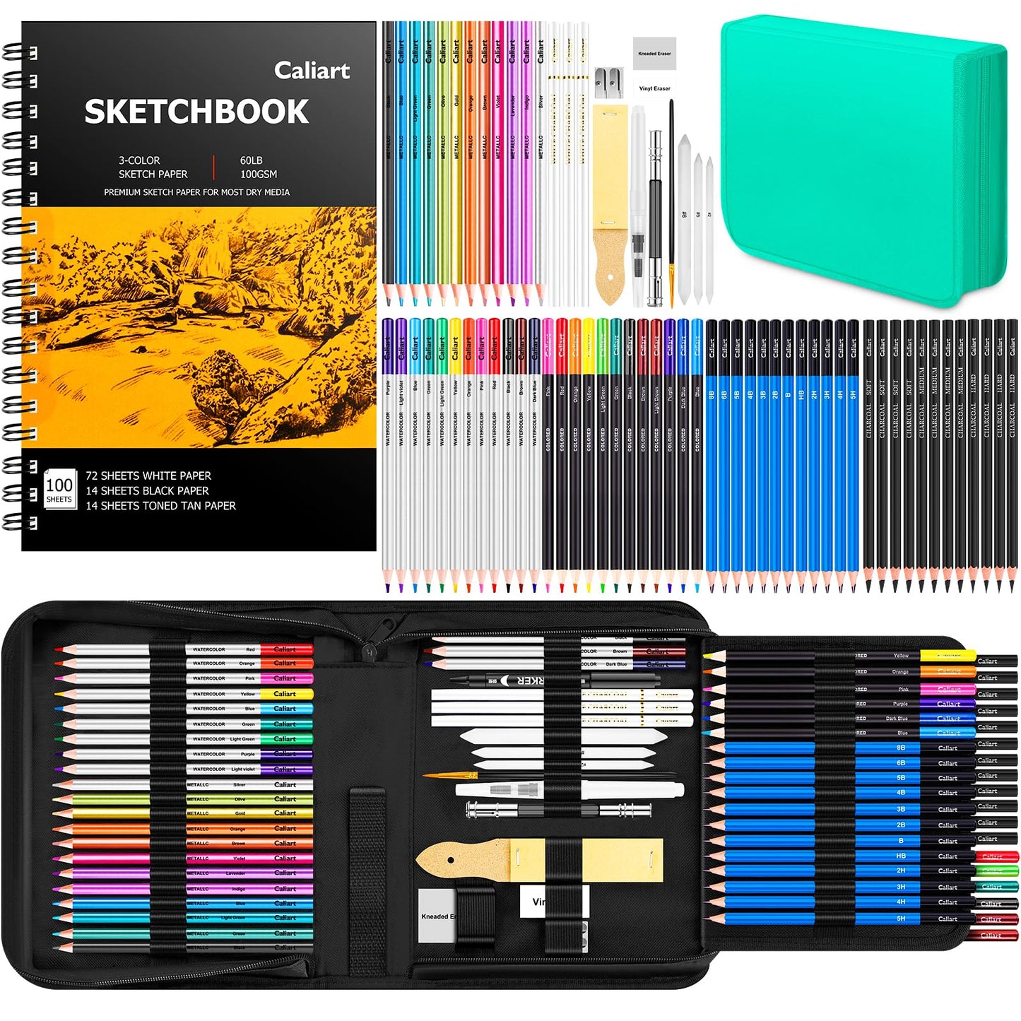 Caliart 176PCS Art Supplies Sketching Kit, 100 Sheets 3-Color Sketch Book