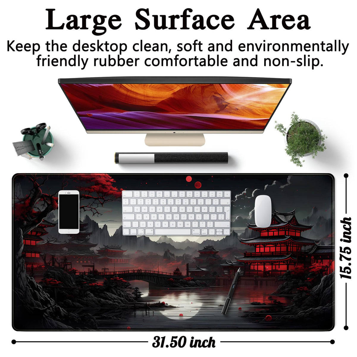 Japanese Desk Mat Riverside Full Moon Desk Pad Black Red Large Mouse Pad Gaming Mousepad Extended