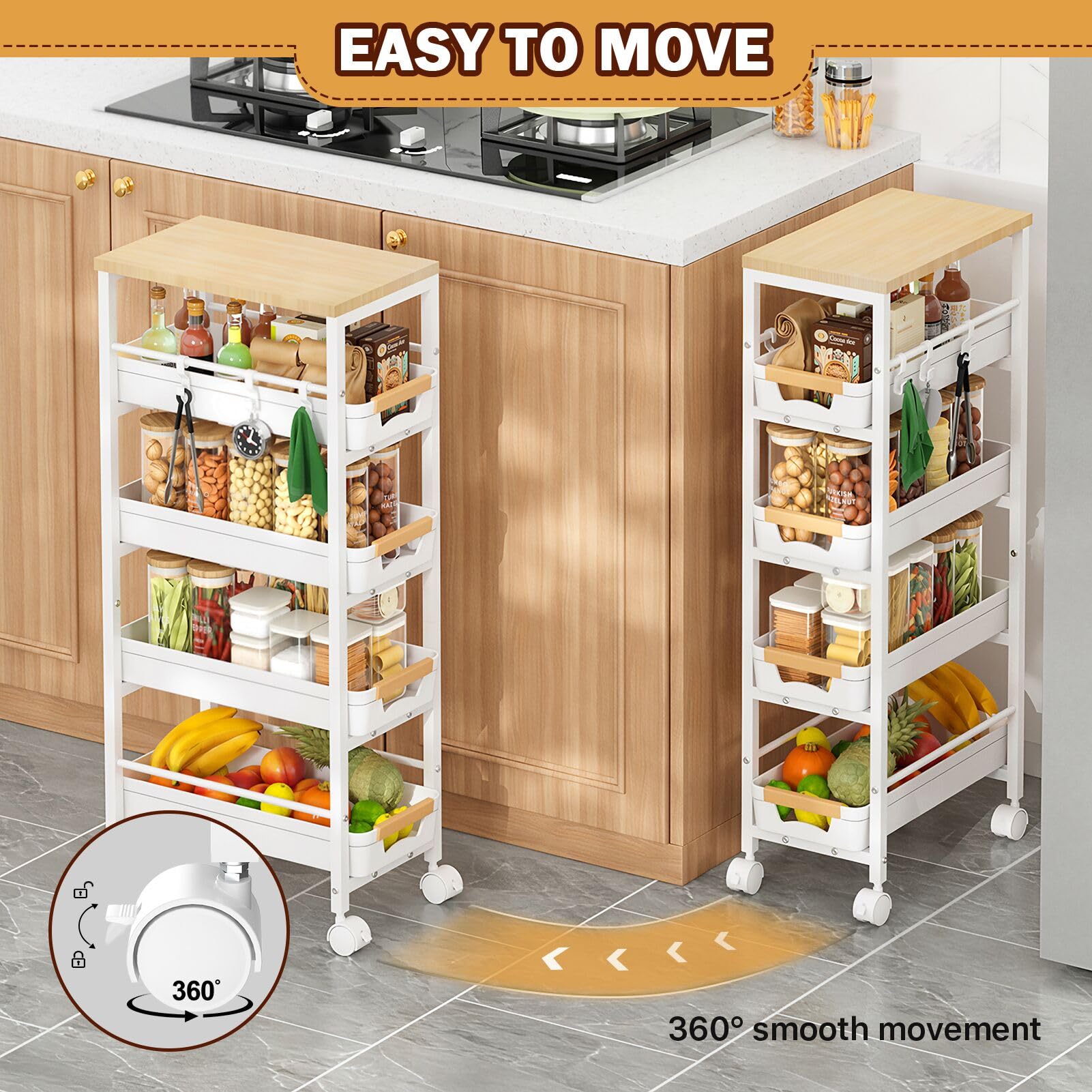 SUNALLY Slim Storage Cart with Wheels, Narrow Kitchen Rolling Cart, White