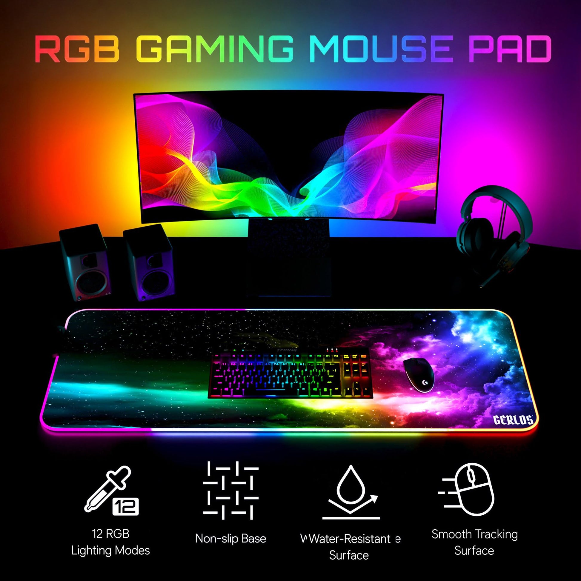 Gerlos RGB Gaming Mouse Pad, Large LED Desk Mat for Gamer, 31.5" x 11.8"