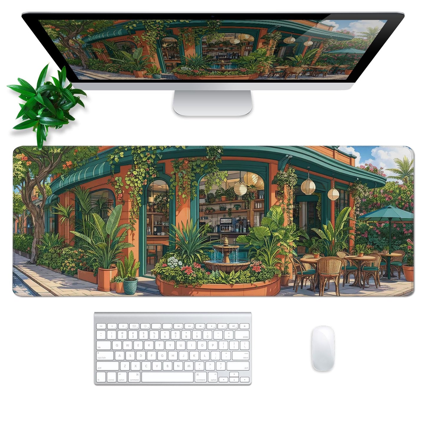 Japanese Coffee Shop Mouse Pad Desk Mat XL Extended Large Gaming Desk Pad Mousepad, Green Plant
