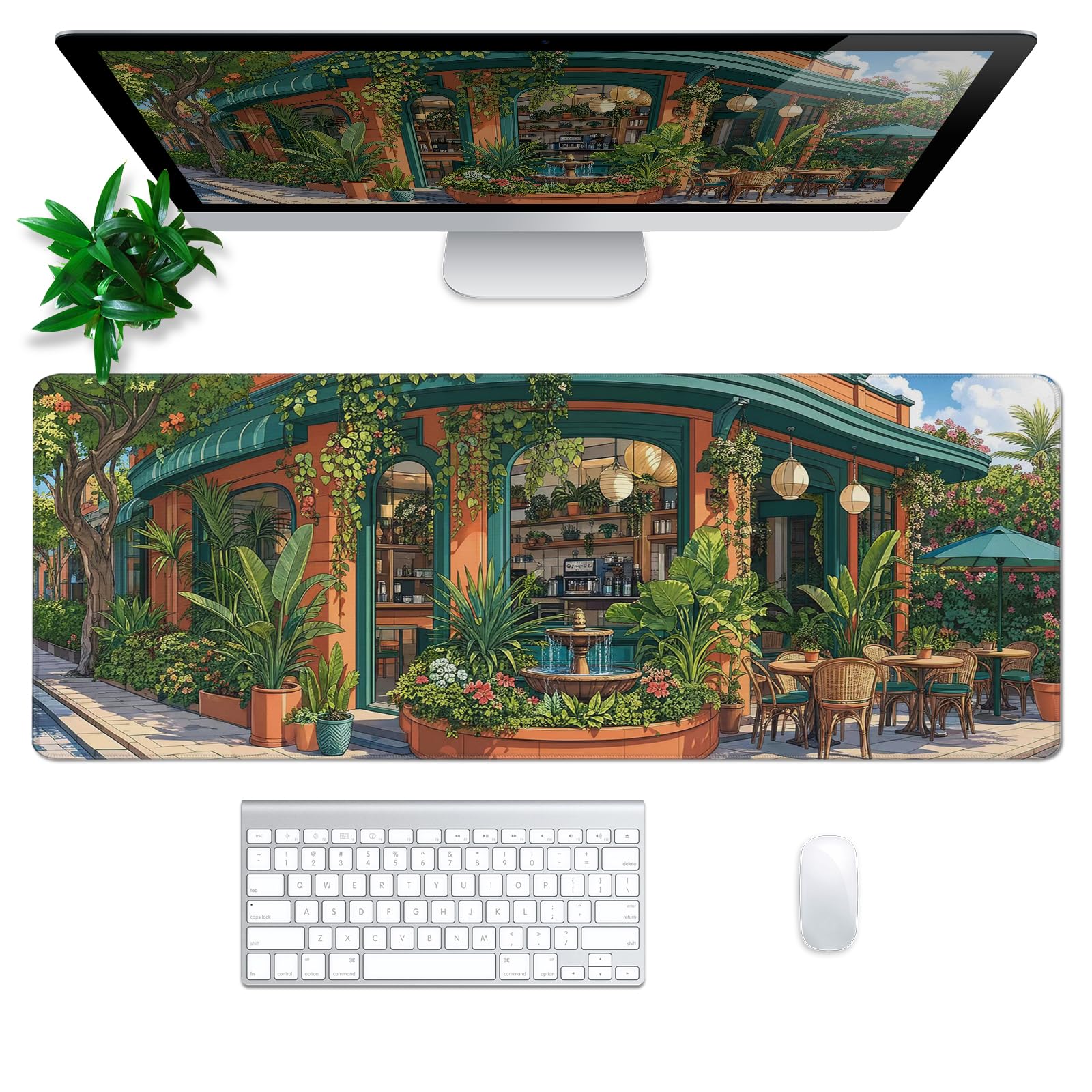 Japanese Coffee Shop Mouse Pad Desk Mat XL Extended Large Gaming Desk Pad Mousepad, Green Plant
