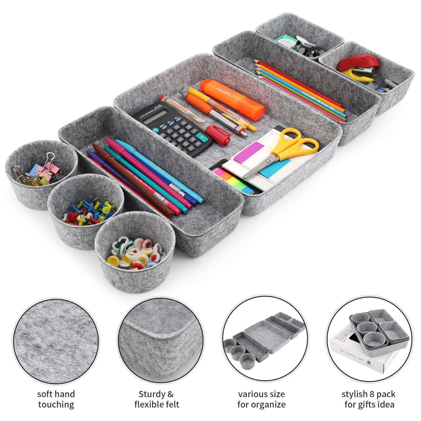 Welaxy 8-piece desk drawer organizer trays felt shallow bin Gray Minimalist
