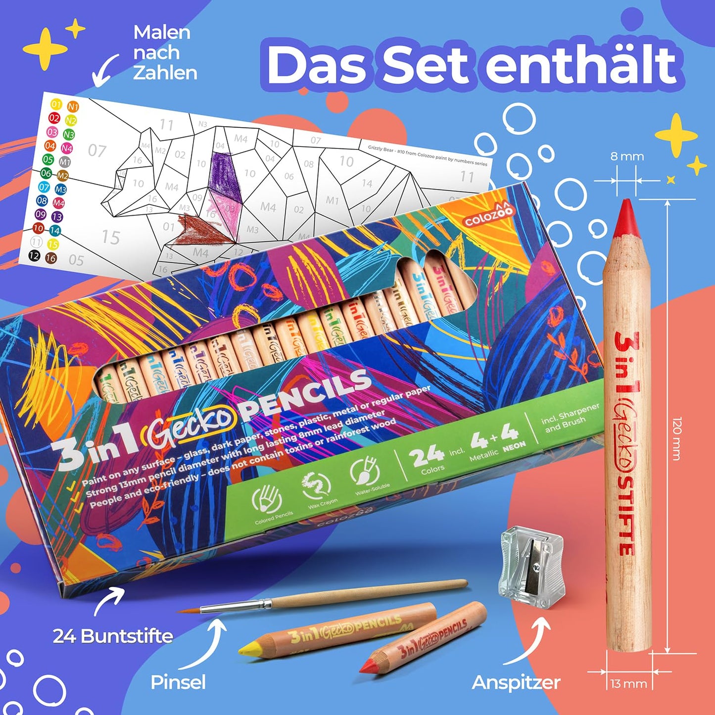 colozoo 3 In 1 Color Pencil Set for Kids -24 Colored Pencil for Toddlers. Fat Coloring Pencils with