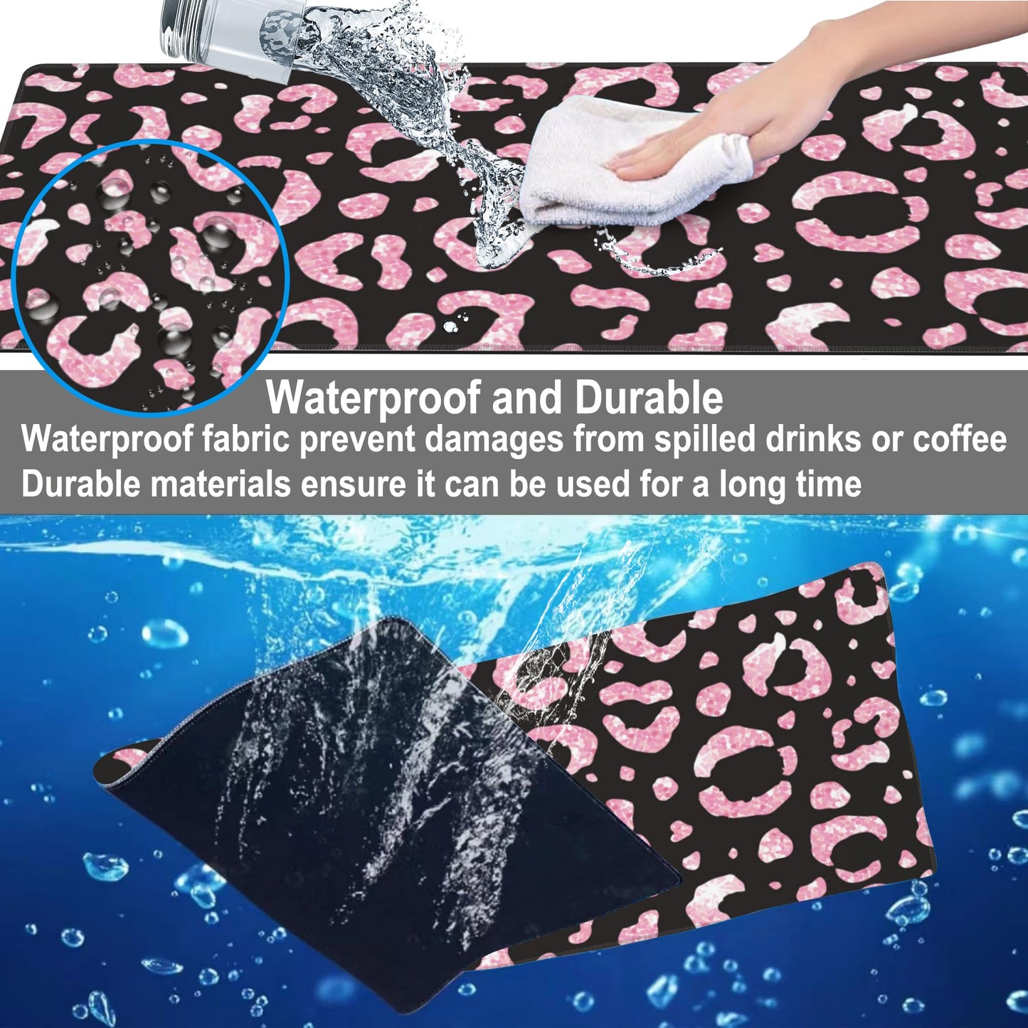 Mouse Pad, Large Rose Pink Leopard Printings Desk Mat, Extended Non-Slip Gaming Keyboard Mousepad