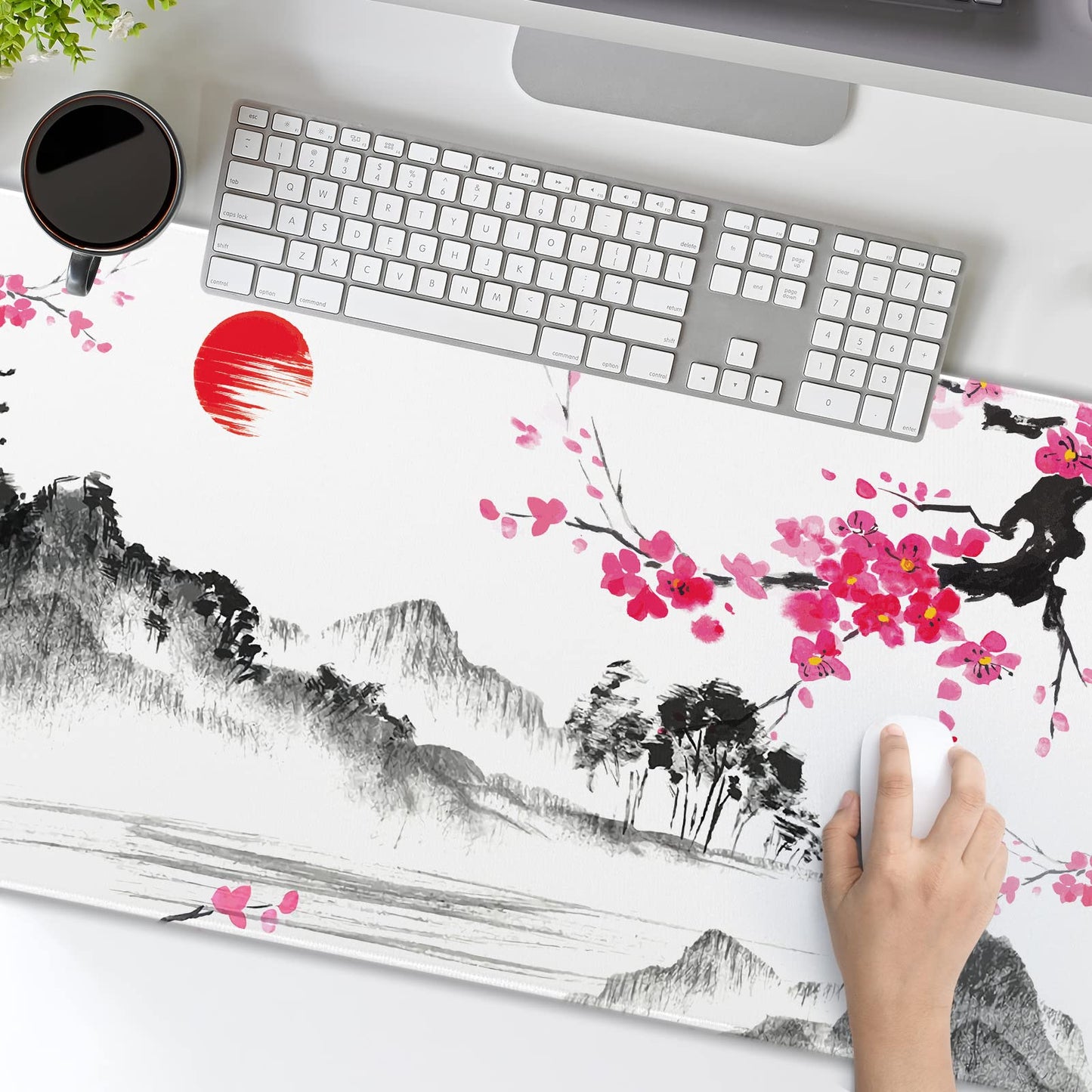 Watercolor Cherry Blossom Mouse Pad 35.4 X 15.7 Inch Japanese Hills Extended Large Pink Mouse Mat
