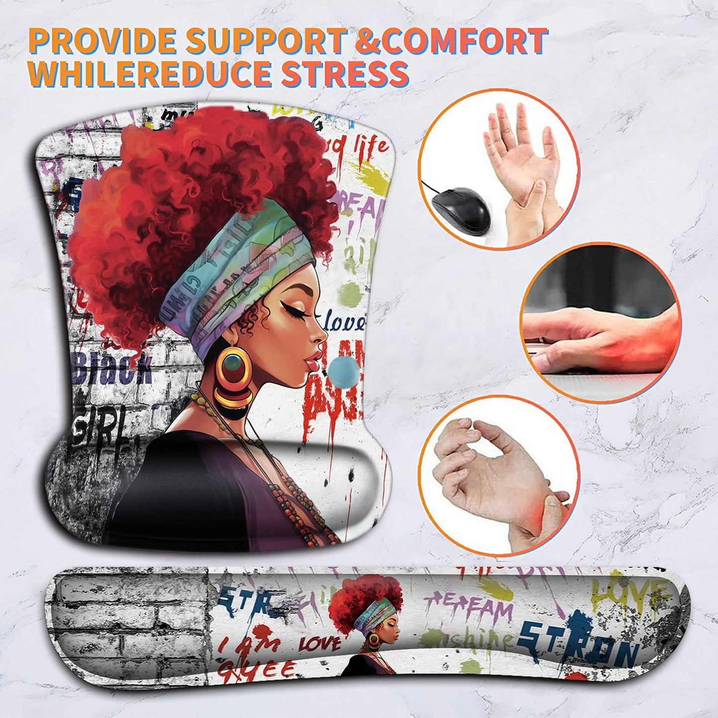 Ergonomic Mouse Pad Wrist Support Gel and Keyboard Wrist Rest Set African Graffiti Girls with Red