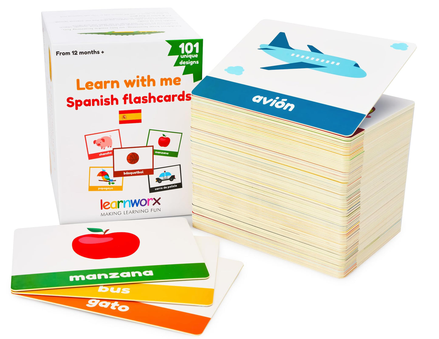 Spanish Flash Cards for Kids & Toddlers - 101 Cards - 202 Sides - Learn with Me - Objects, Numbers