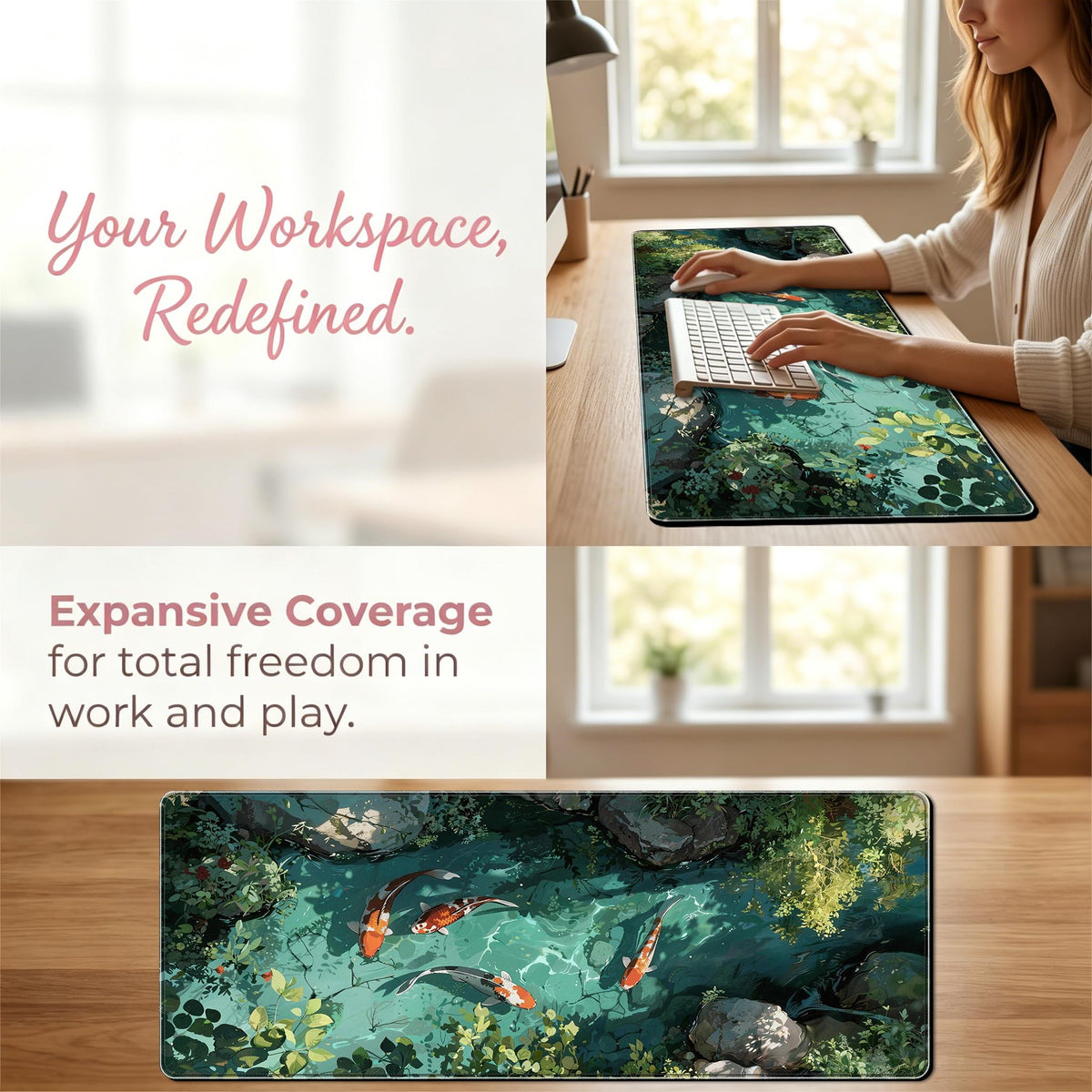 Mouse Pad Featuring Abstract Art of Koi, Ponds, and Fish, Large-Sized for Gaming, Suitable for