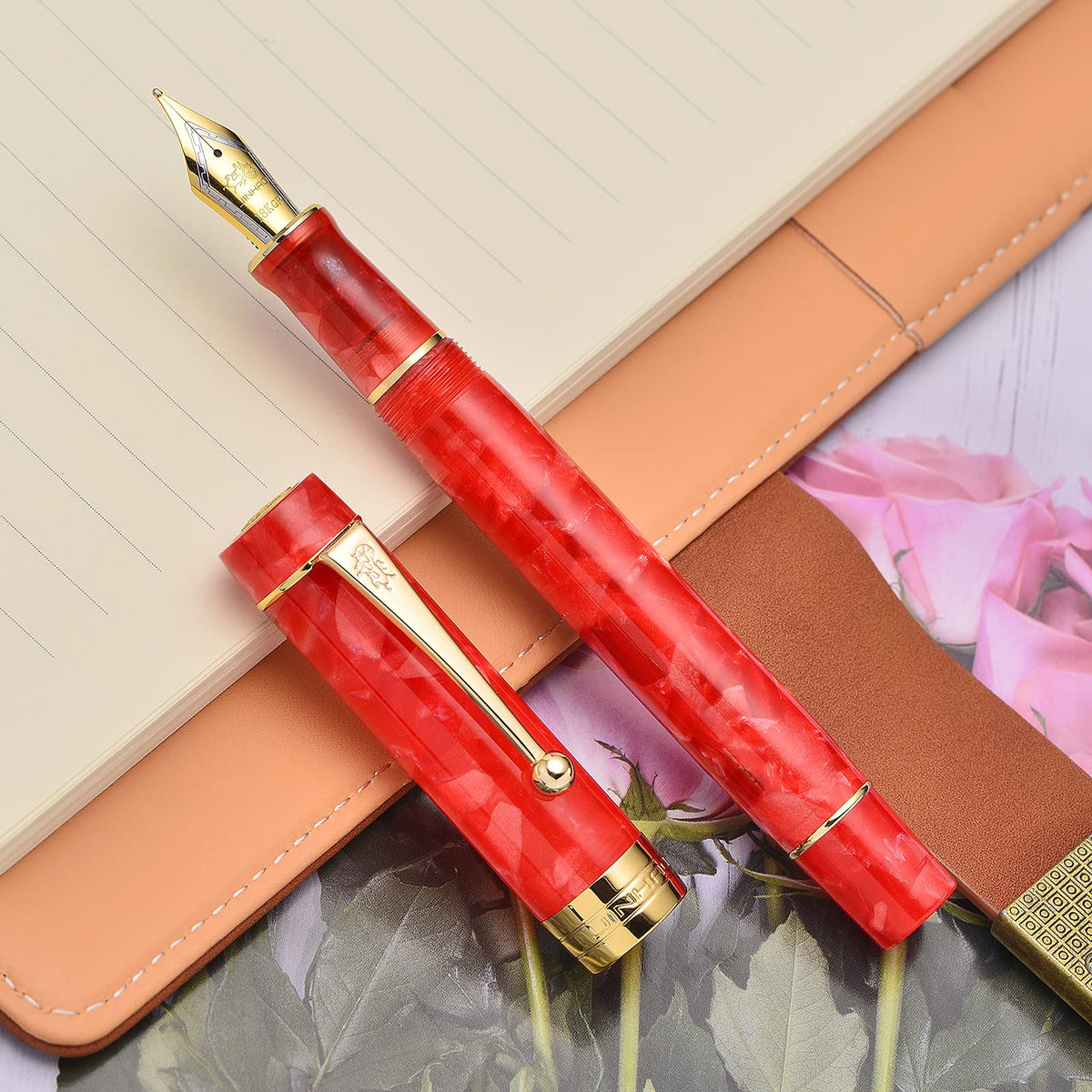 Jinhao 100 Classic Fountain Pen Red Marble Celluloid Gold Trim, Fine Point with Converter and Pen
