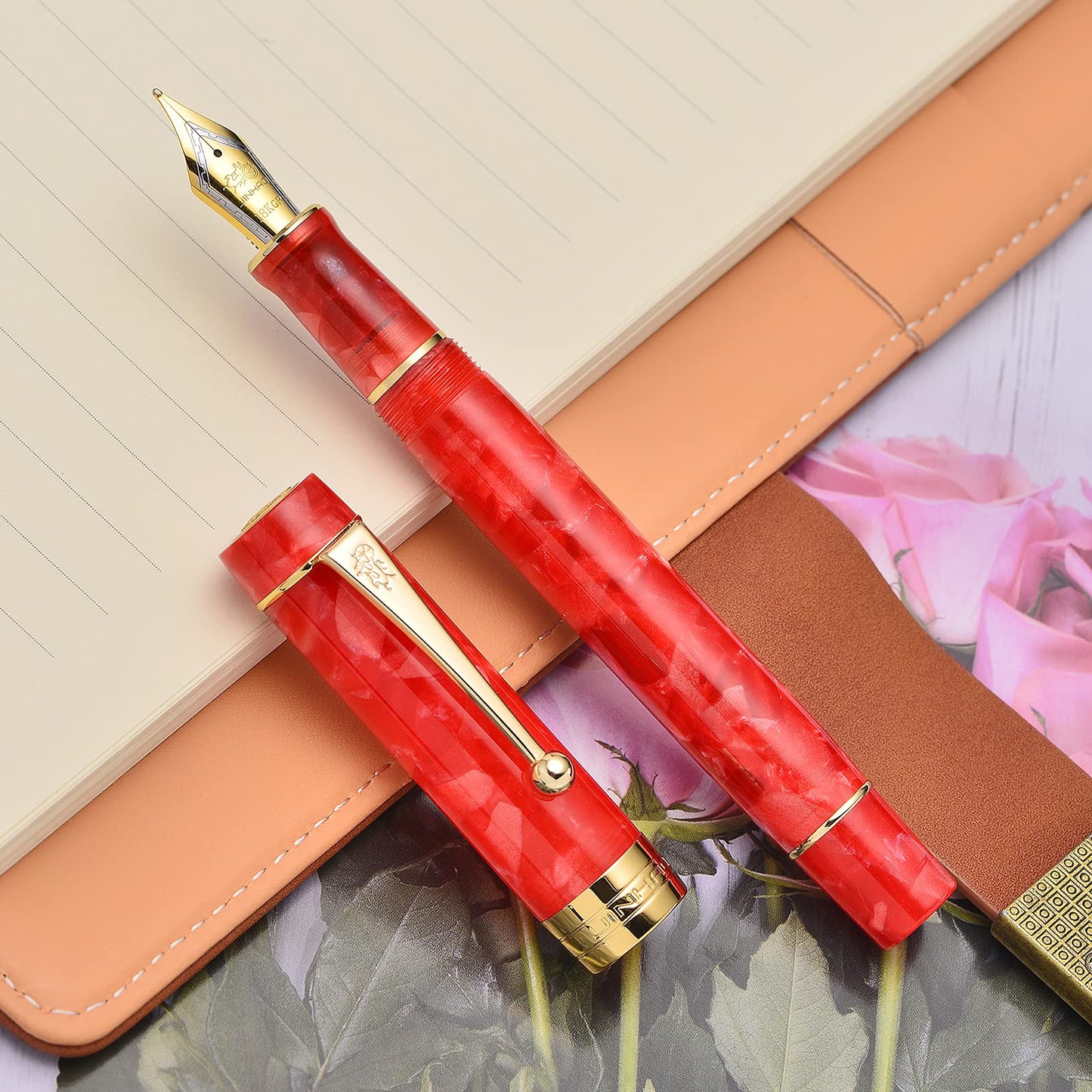Jinhao 100 Classic Fountain Pen Red Marble Celluloid Gold Trim, Extra Fine Nib with Converter and