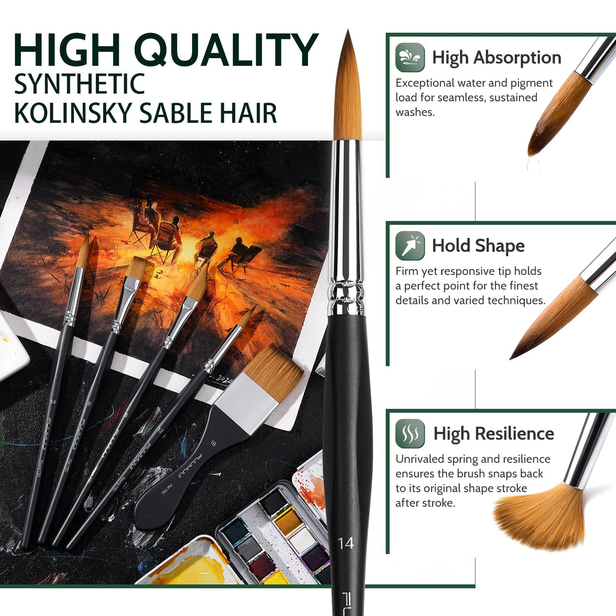 Fuumuui Watercolor Paint Brushes, Professional 10Pcs Synthetic Sable Water Color Brushes for Adult