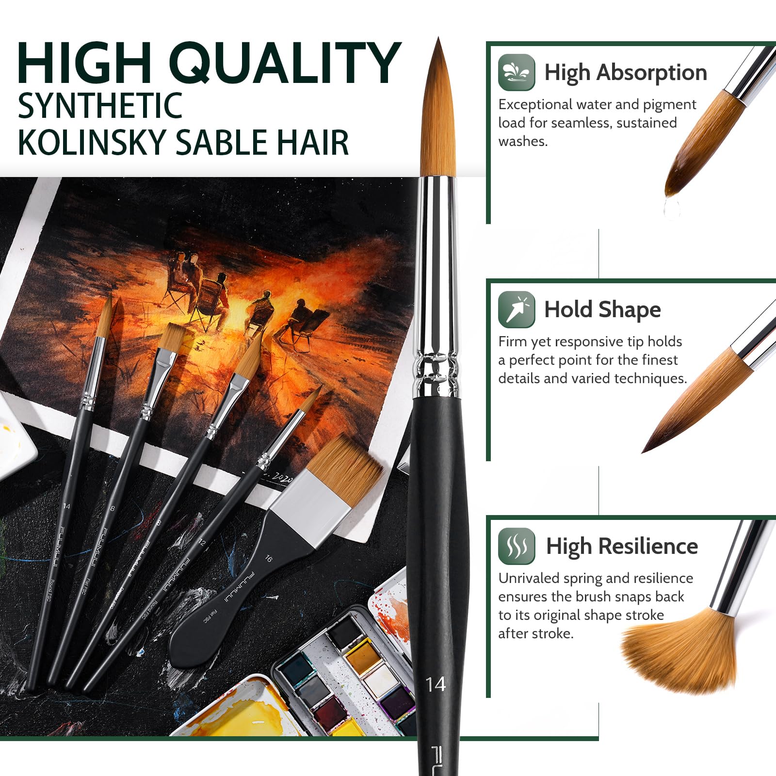 Fuumuui Watercolor Paint Brushes, Professional 10Pcs Synthetic Sable Water Color Brushes for Adult