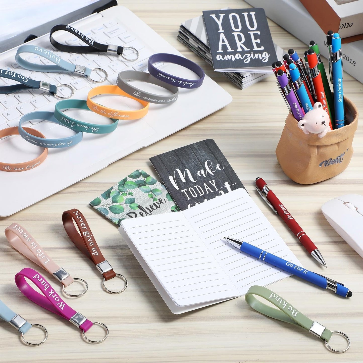 PerKoop 64 Pcs Inspirational Gift Bulk Notebooks Ballpoint Pen, Greenery