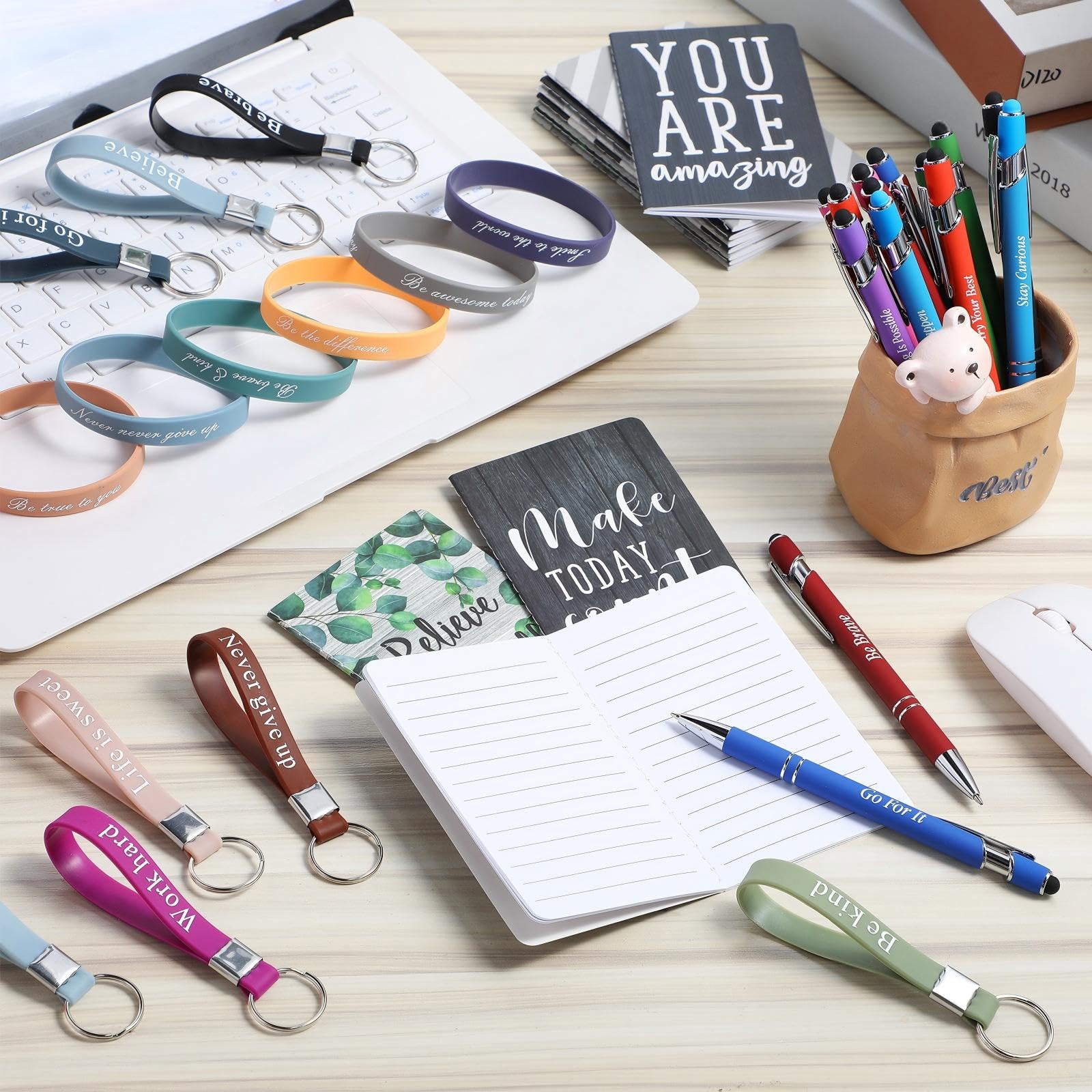 PerKoop 64 Pcs Inspirational Gift Bulk Notebooks Ballpoint Pen, Greenery