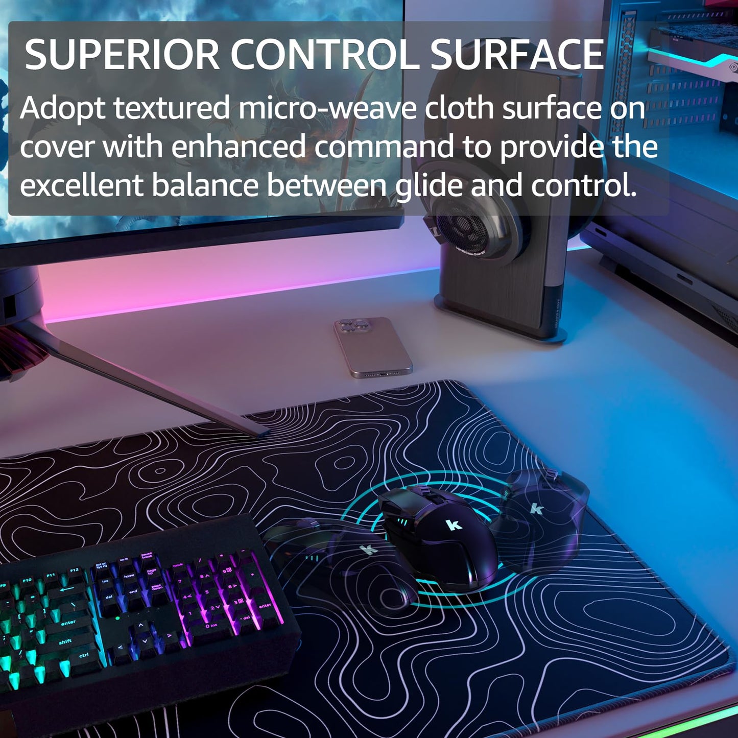 KTRIO Large Gaming Mouse Pad, 31.5 x 15.7 in, Black Topographic, XXL