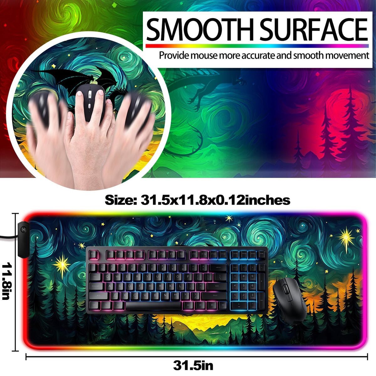 JIANG100 RGB Starry Night Forest Dragon Gaming Desk Mat & Mouse Pad, XL