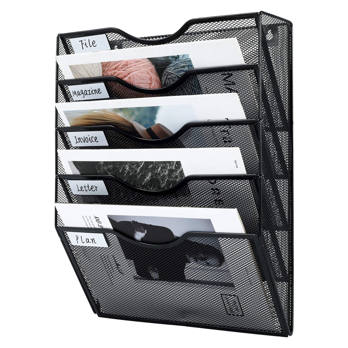 PAG-Mass Hanging Wall File Holder Mail Organizer Wall Mount Document Letter Rack, 5-Tier, Black