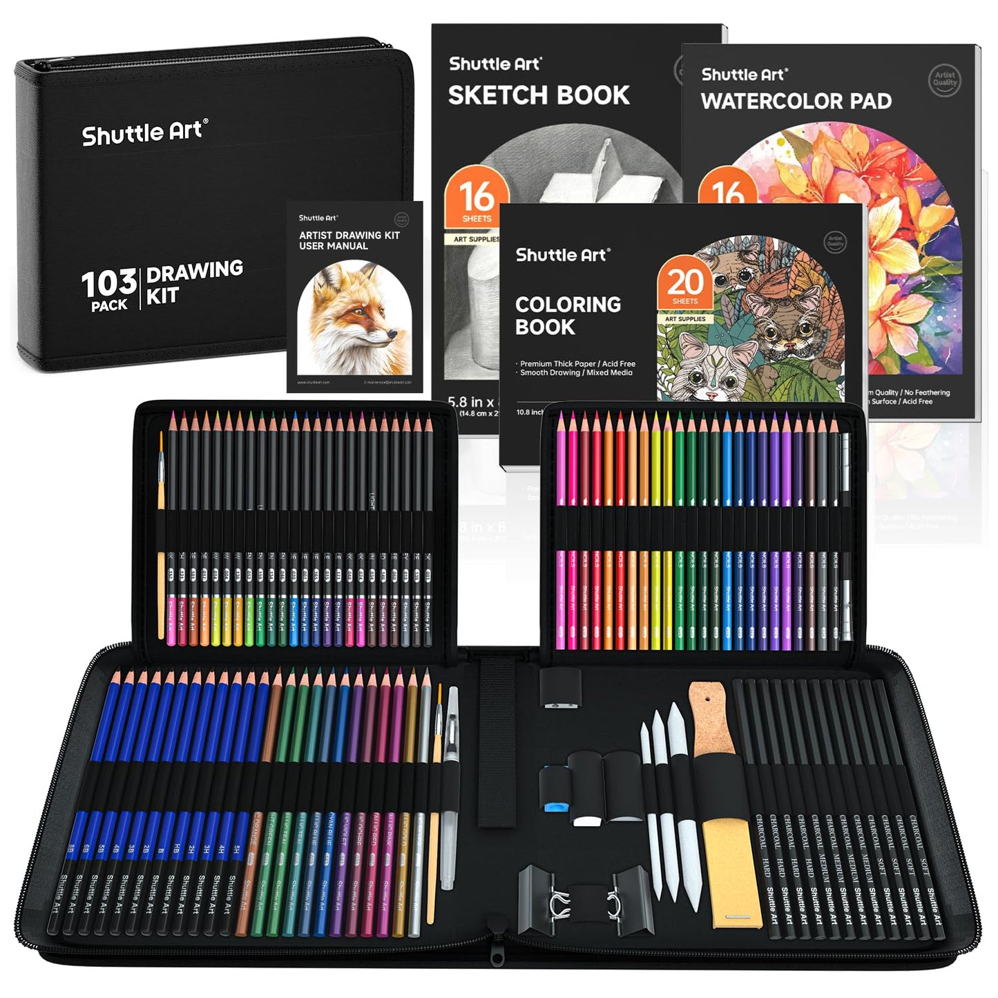 Shuttle Art 103 PCS Drawing Kit, Professional Drawing Supplies with Sketch, Charcoal, Colored