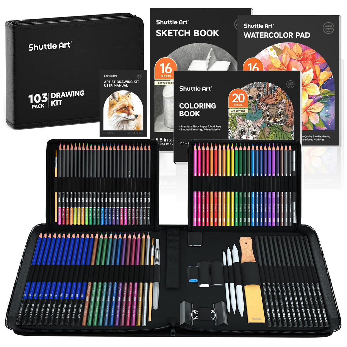 Shuttle Art 103 PCS Drawing Kit, Professional Drawing Supplies with Sketch, Charcoal, Colored