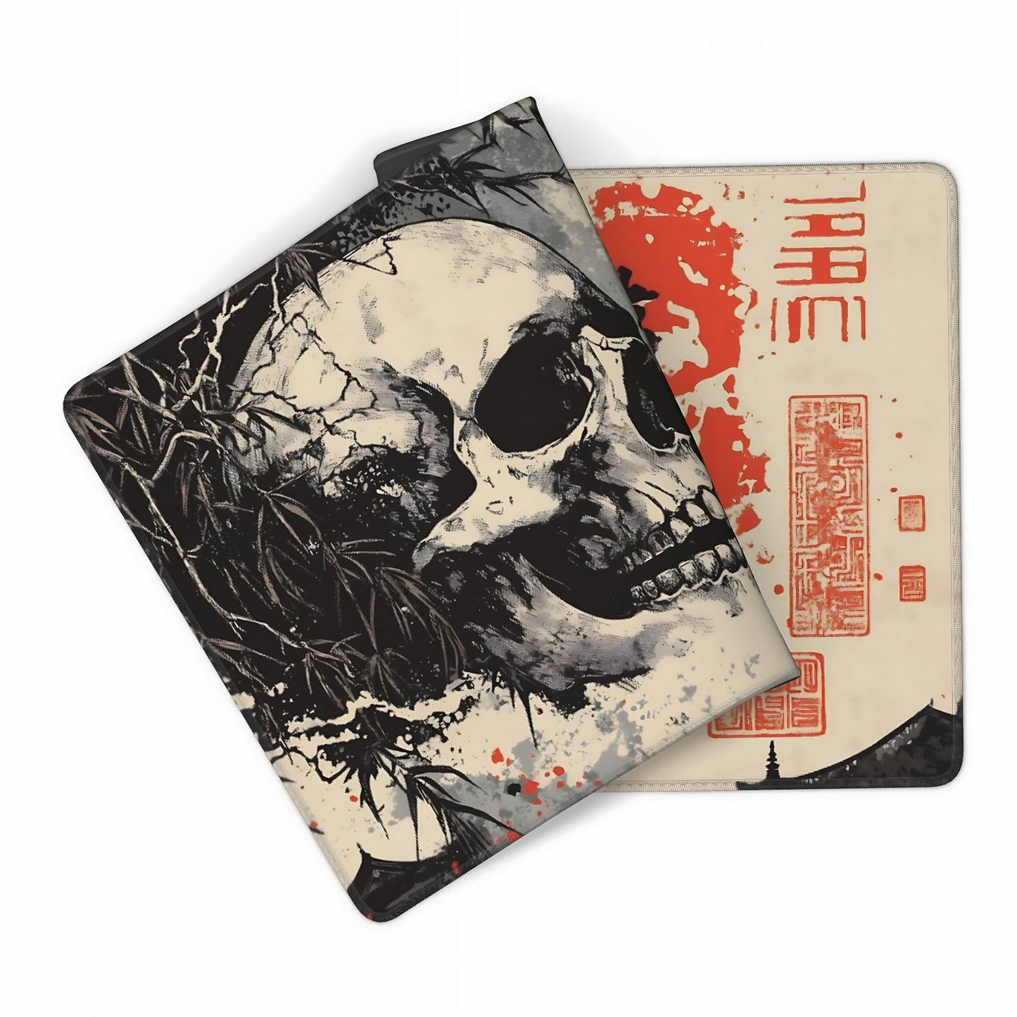 Aesthetic Skull Gaming Mouse Pad, Beige Black Japanese Desk Mat with Anti-Slip Base & Stitched