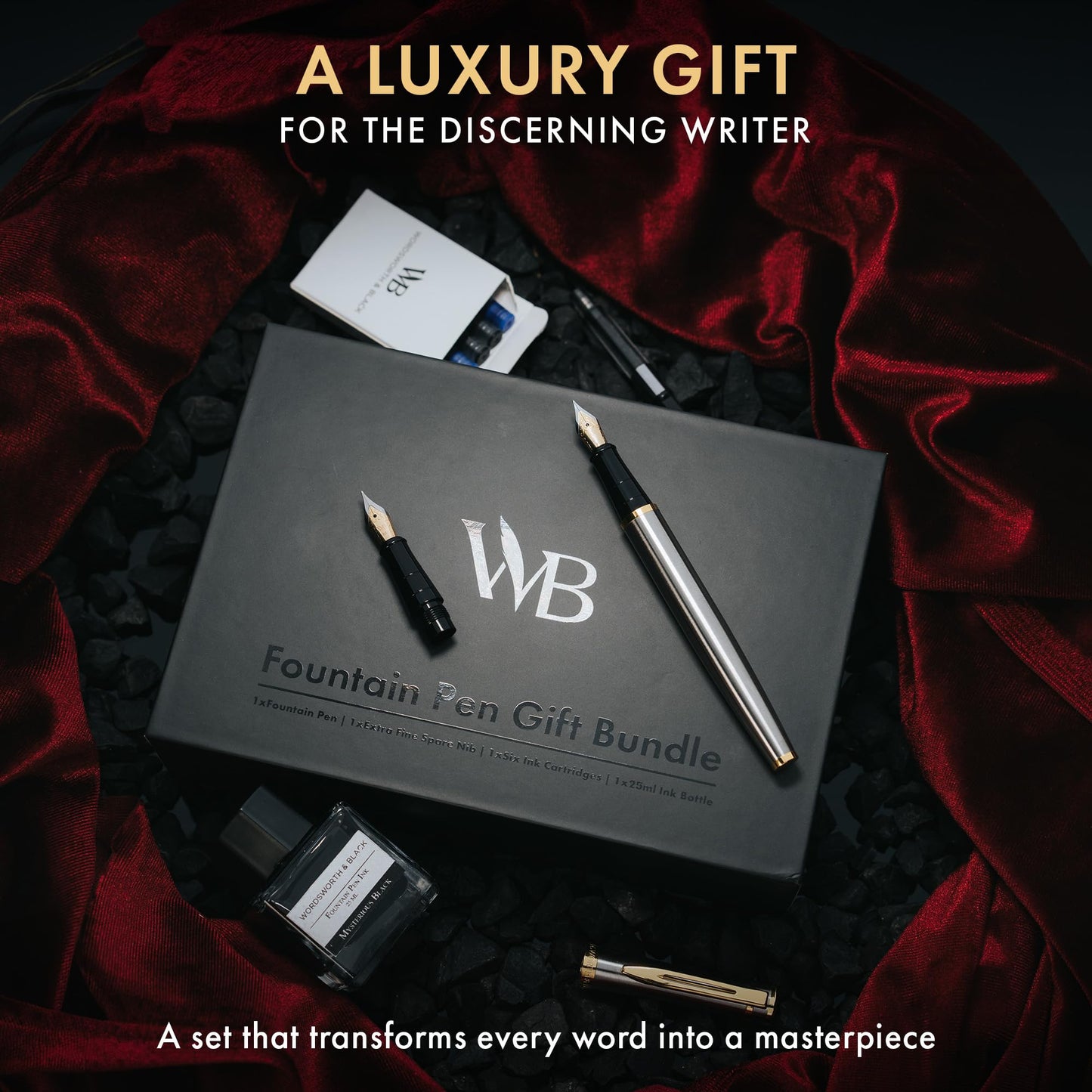 Wordsworth & Black Fountain Pen Gift Set, Medium & Extra Fine Nib, Silver Gold