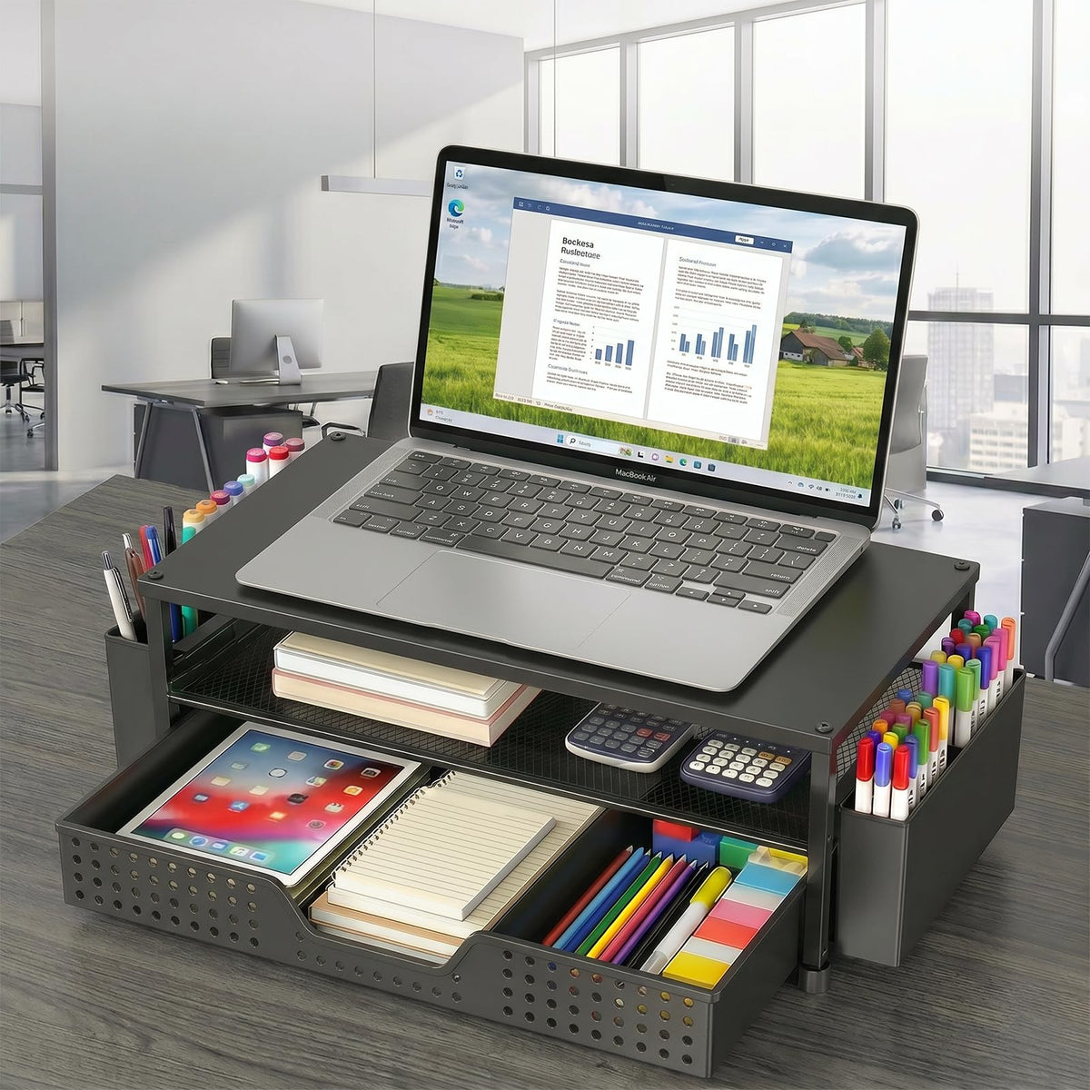 ECOLOVI Desk Organizer and Accessories, 2-Tier Computer Monitor Stand Rise with Storage Drawer & 2