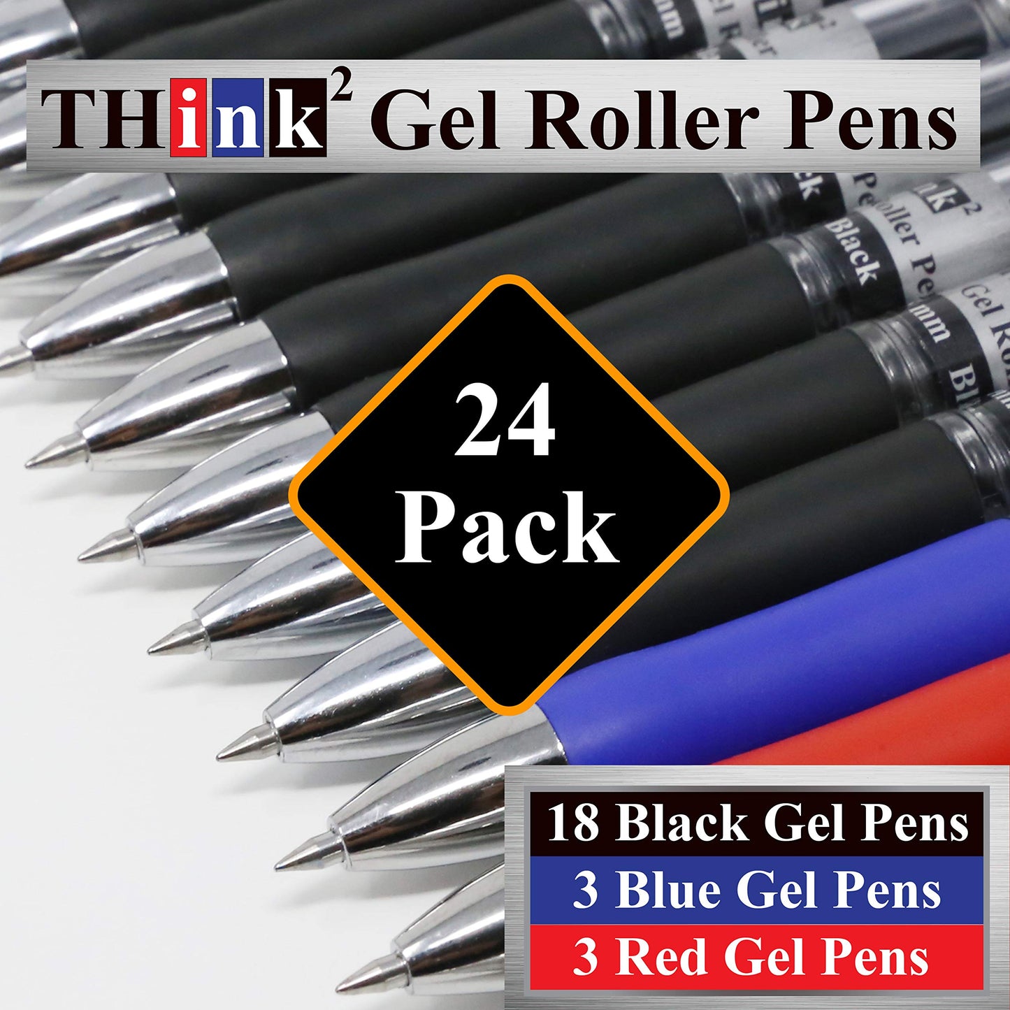 [24 Pens - 3 Colors] Think2 Retractable Gel Pens. (18 Black, 3 Red, 3 Blue) Fine Point (0.5mm)