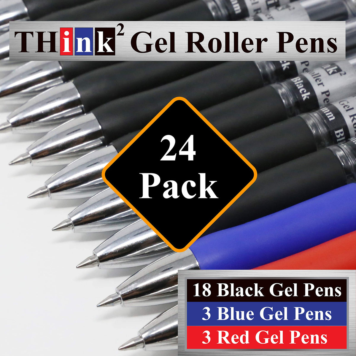 [24 Pens - 3 Colors] Think2 Retractable Gel Pens. (18 Black, 3 Red, 3 Blue) Fine Point (0.5mm)