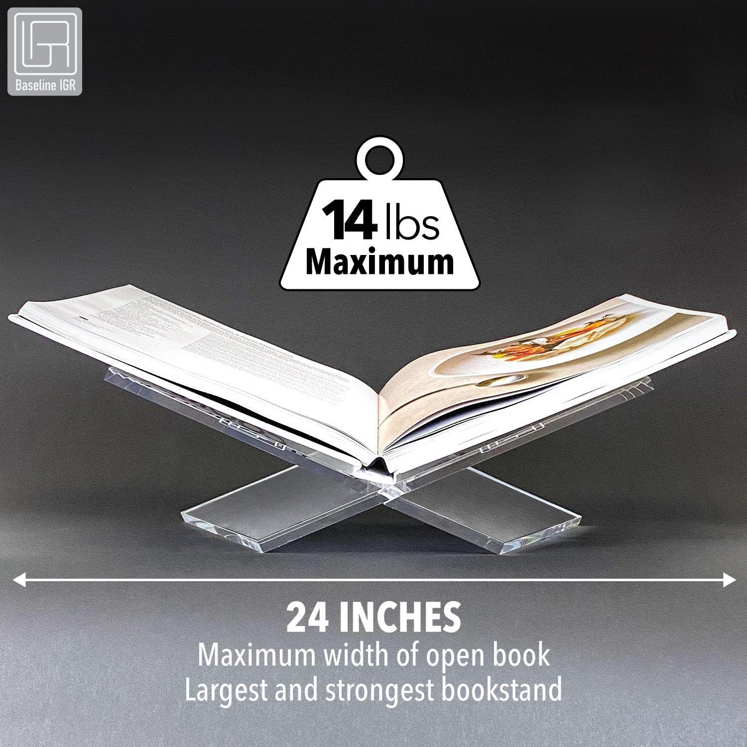 Baseline IGR Large Clear Acrylic Book Stand, 12.5" x 9.5" x 5.5”, Acrylic Book Holder, Open