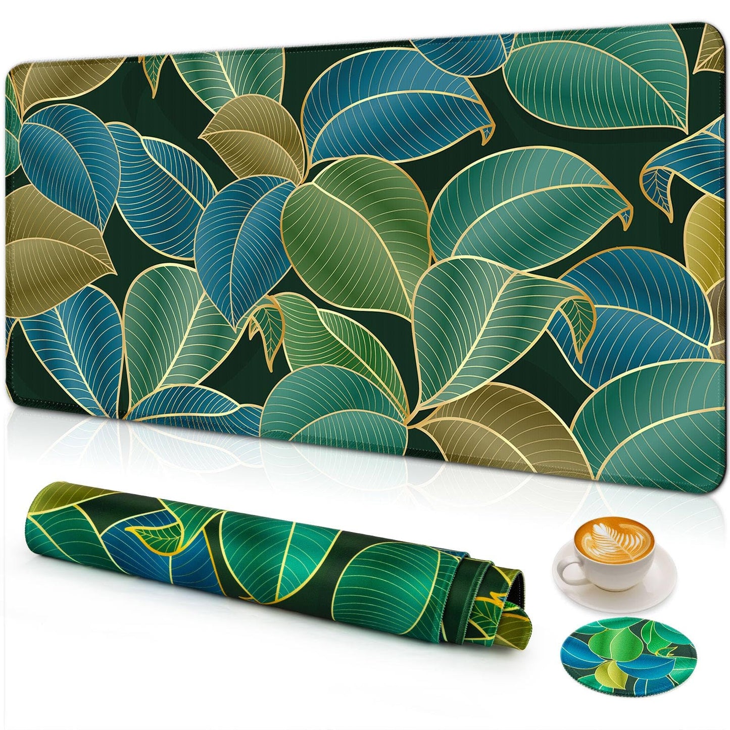Large Gaming Mouse Pad with Coaster,Desk Matt for Desktop,Desk Mat-Leaves