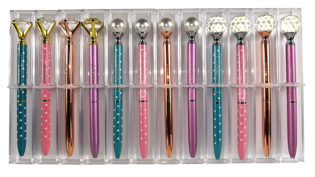Kamay's 12PCS 3Style 4 Colors Diamond Pearl Metal Pen With Big Crystal Diamond Funky Design Office