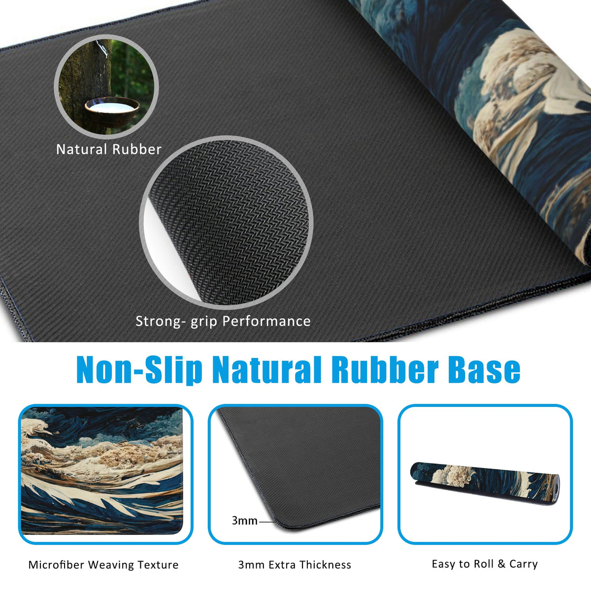 EOBKLAX Japanese Ocean Waves Large Gaming Mouse Pad,Waterproof Desk Mat for Desktop,Non-Slip Rubber