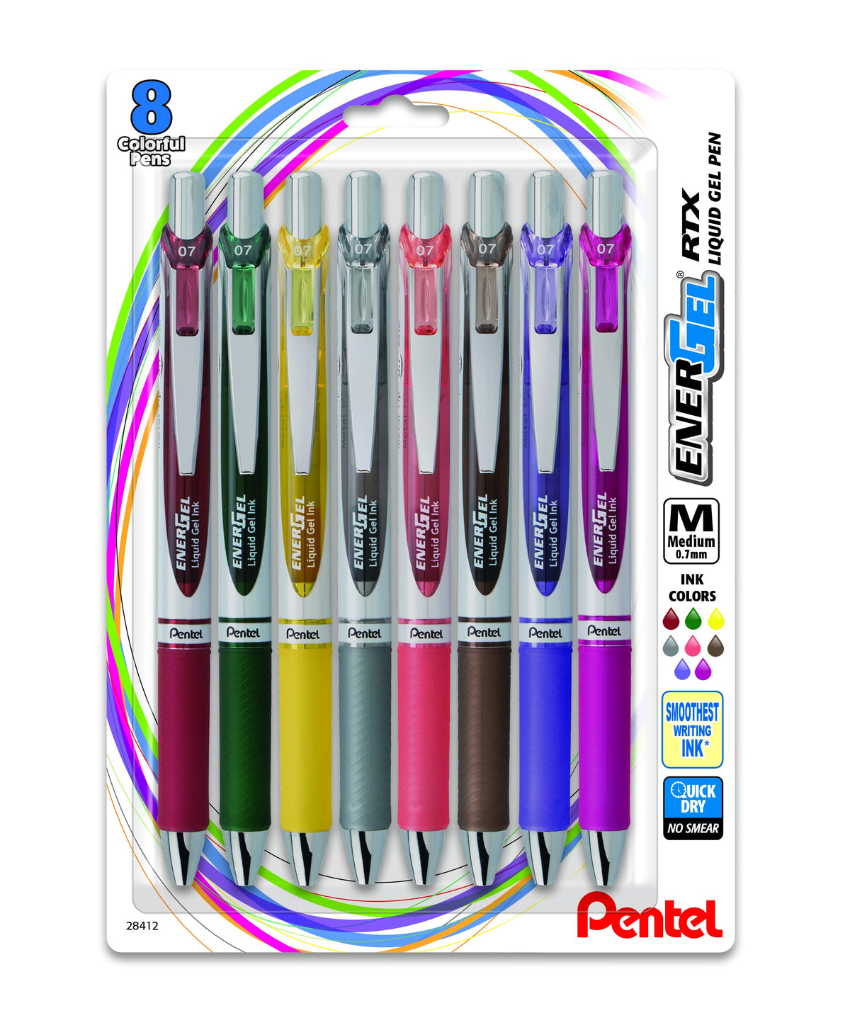 Pentel EnerGel RTX Retractable Liquid Gel Pen, (0.7mm) Medium Line, Metal Tip, Assorted Ink, 8 Pack