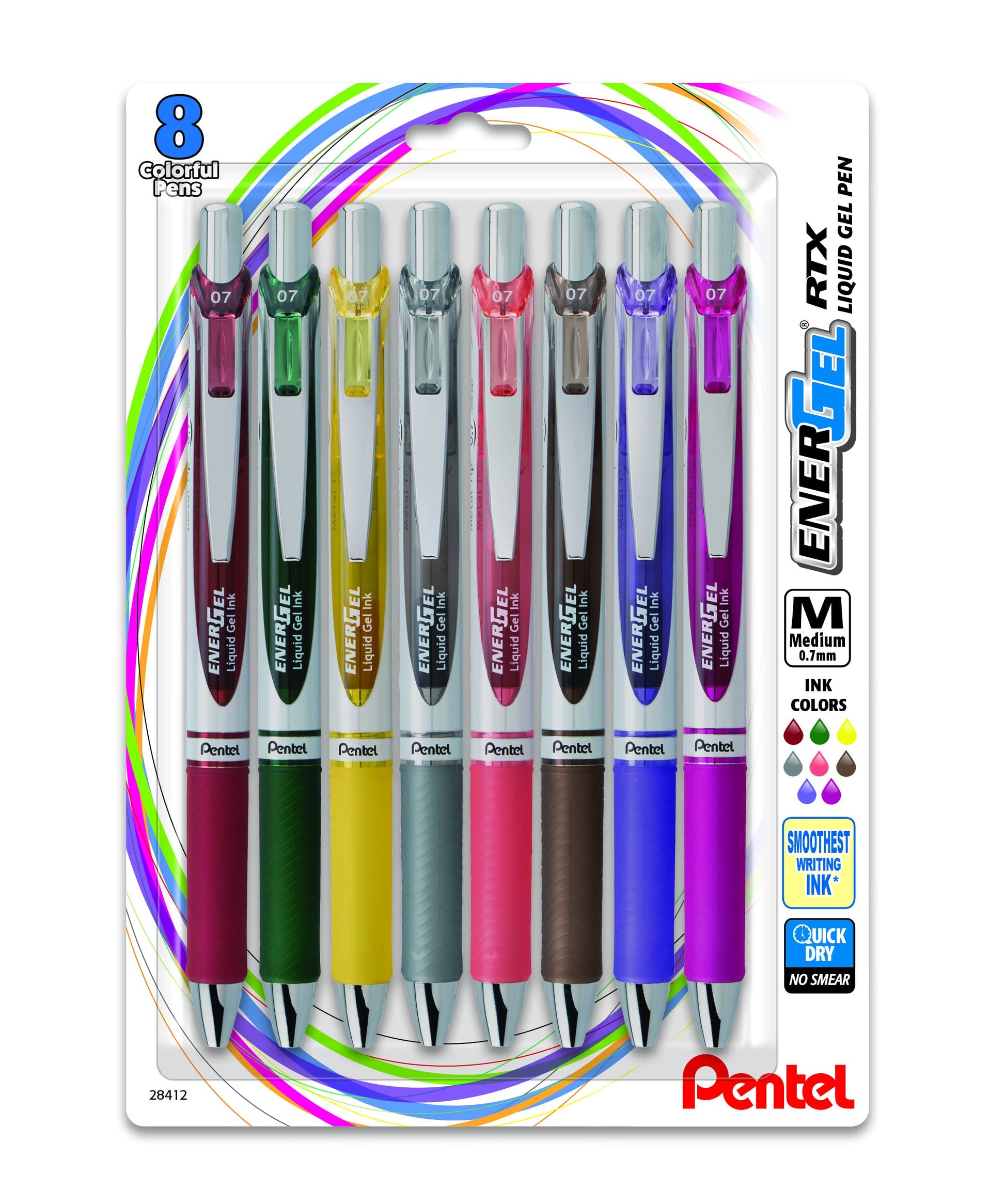 Pentel EnerGel RTX Retractable Liquid Gel Pen, (0.7mm) Medium Line, Metal Tip, Assorted Ink, 8 Pack