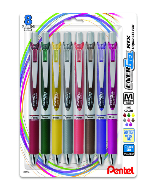 Pentel EnerGel RTX Retractable Liquid Gel Pen, (0.7mm) Medium Line, Metal Tip, Assorted Ink, 8 Pack