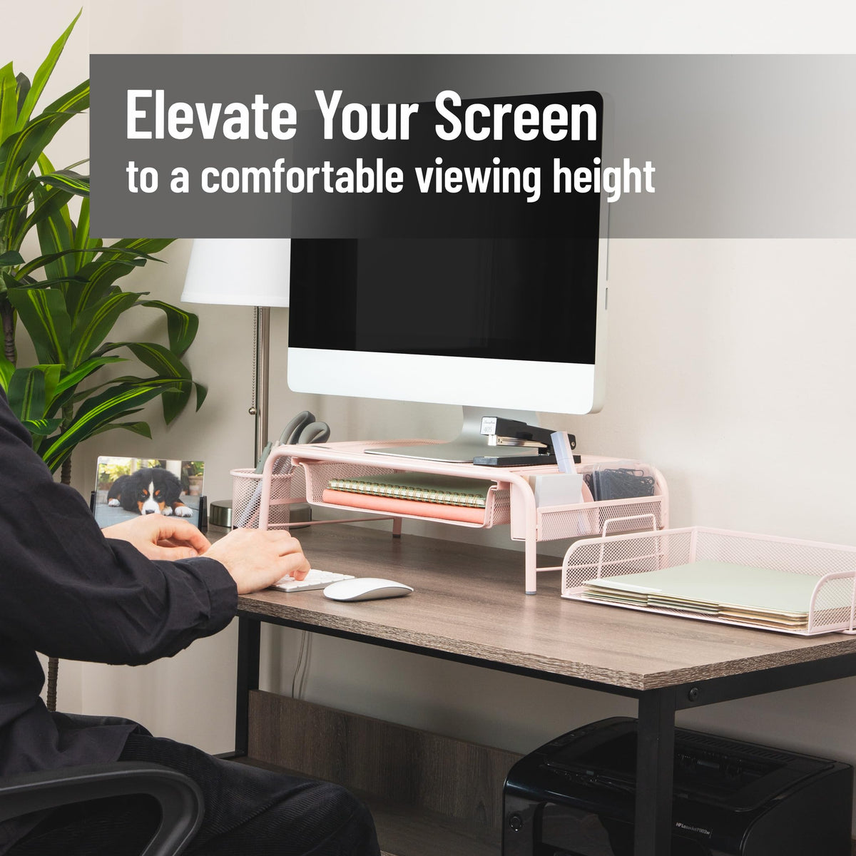 Mind Reader Monitor Stand, Ventilated Laptop Riser, Paper Tray, Storage, Office, Metal Mesh, 20"L x