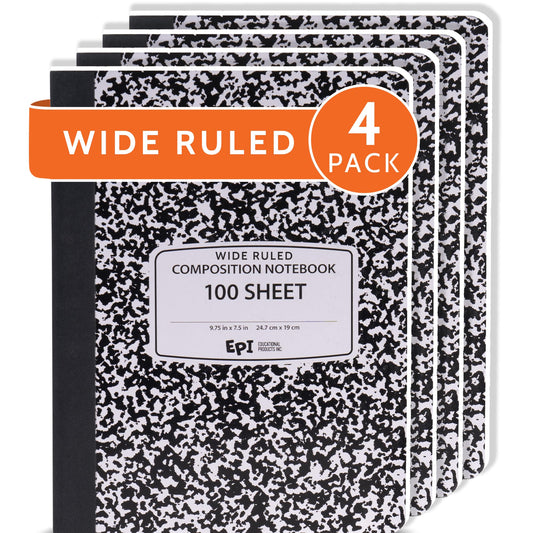4 Pack - EPI Marble Hardcover Wide Ruled Composition Notebook | 200 Pages (100 Sheets), 9.75 x 7.5