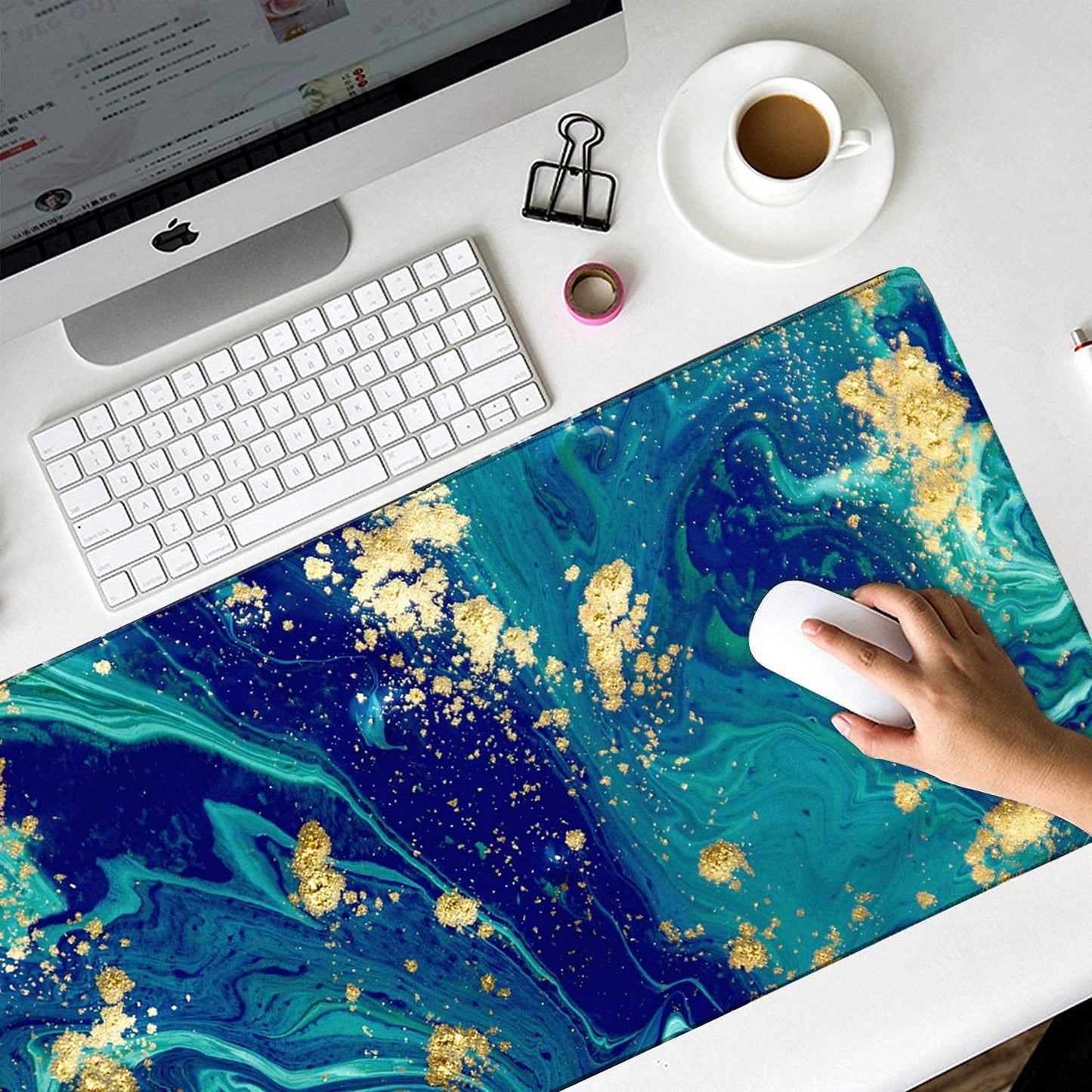 iCasso Extended Gaming Mouse Pad,Desk Pad 35.4x15.7in,Blue Marble
