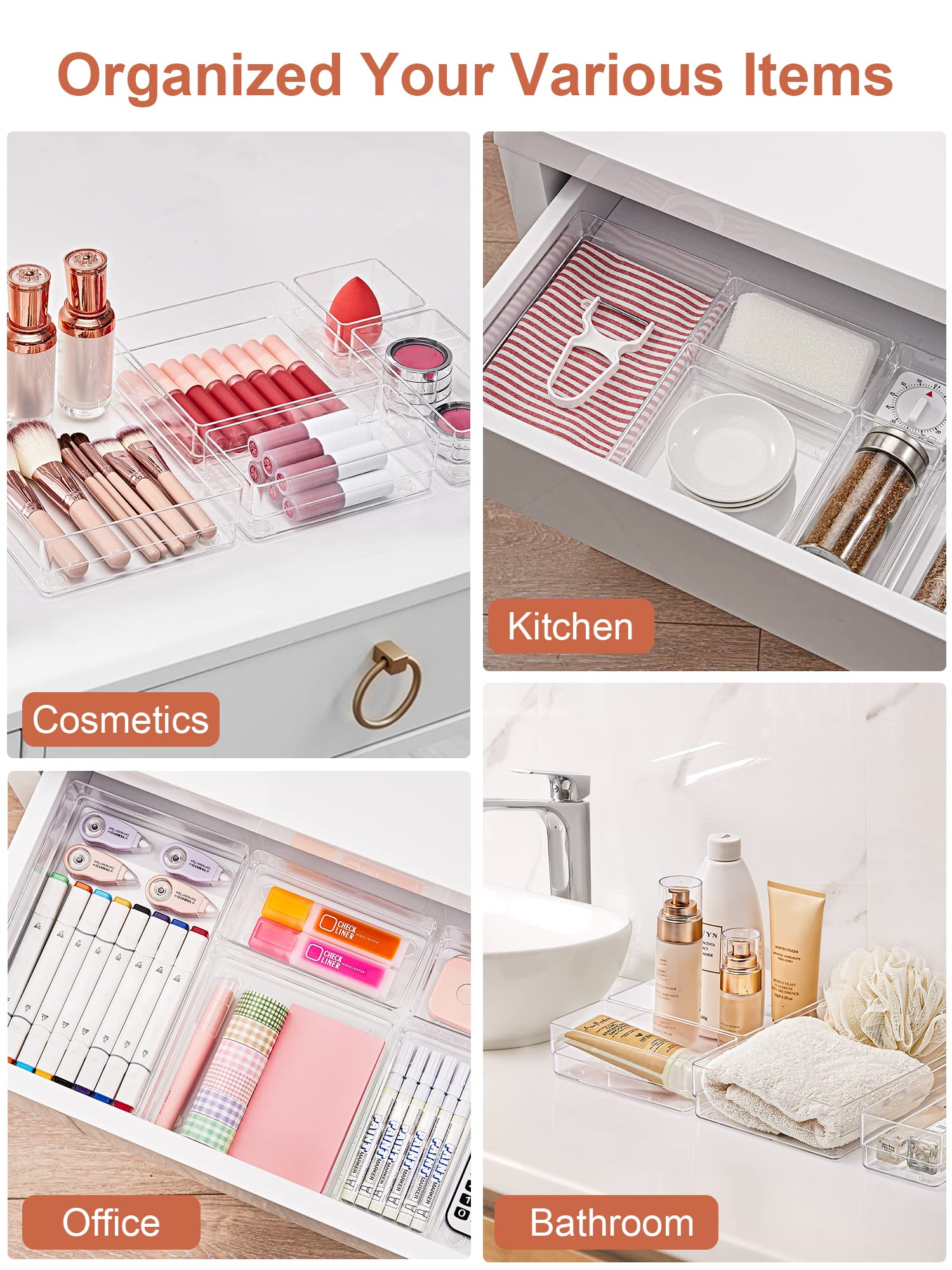 SMARTAKE 13 PCS Drawer Organizer 5-Size Desk Makeup Drawer Organizer Clear