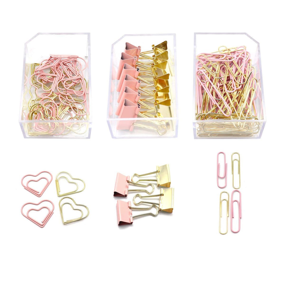 Gold Pink Binder Clips and Paper Clips Set (3-in-1 Boxed), for Office School Supplies Teachers
