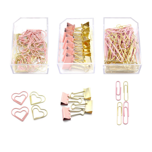 Gold Pink Binder Clips and Paper Clips Set (3-in-1 Boxed), for Office School Supplies Teachers