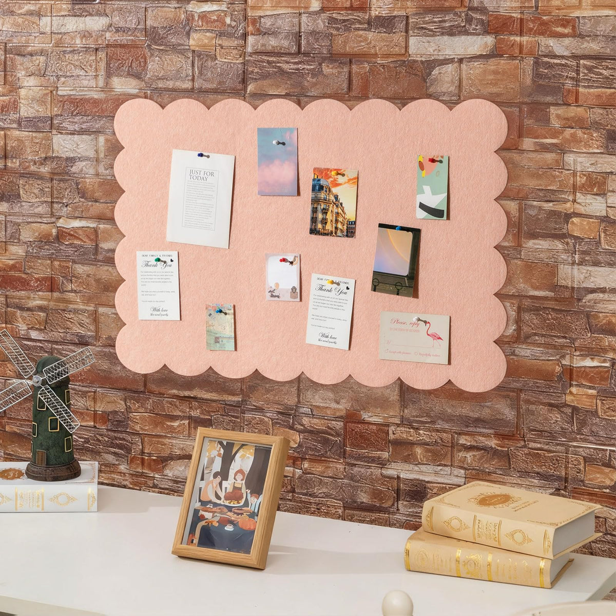 Mooliwe Scalloped Felt Bulletin Cork Board Foldable Light Pink 24 * 18 Inch