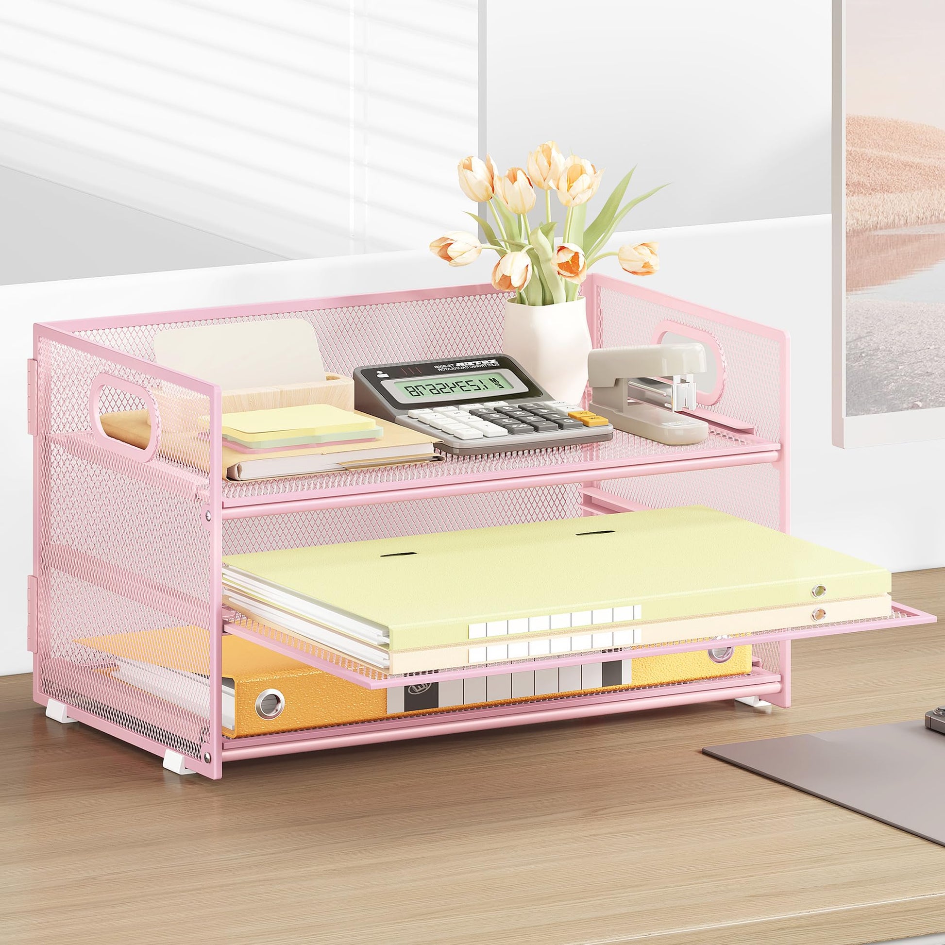 Subekyu 3 Tier Paper Letter Tray Organizer for Desk, Pink Metal Mesh File Folder Sorter Organizer