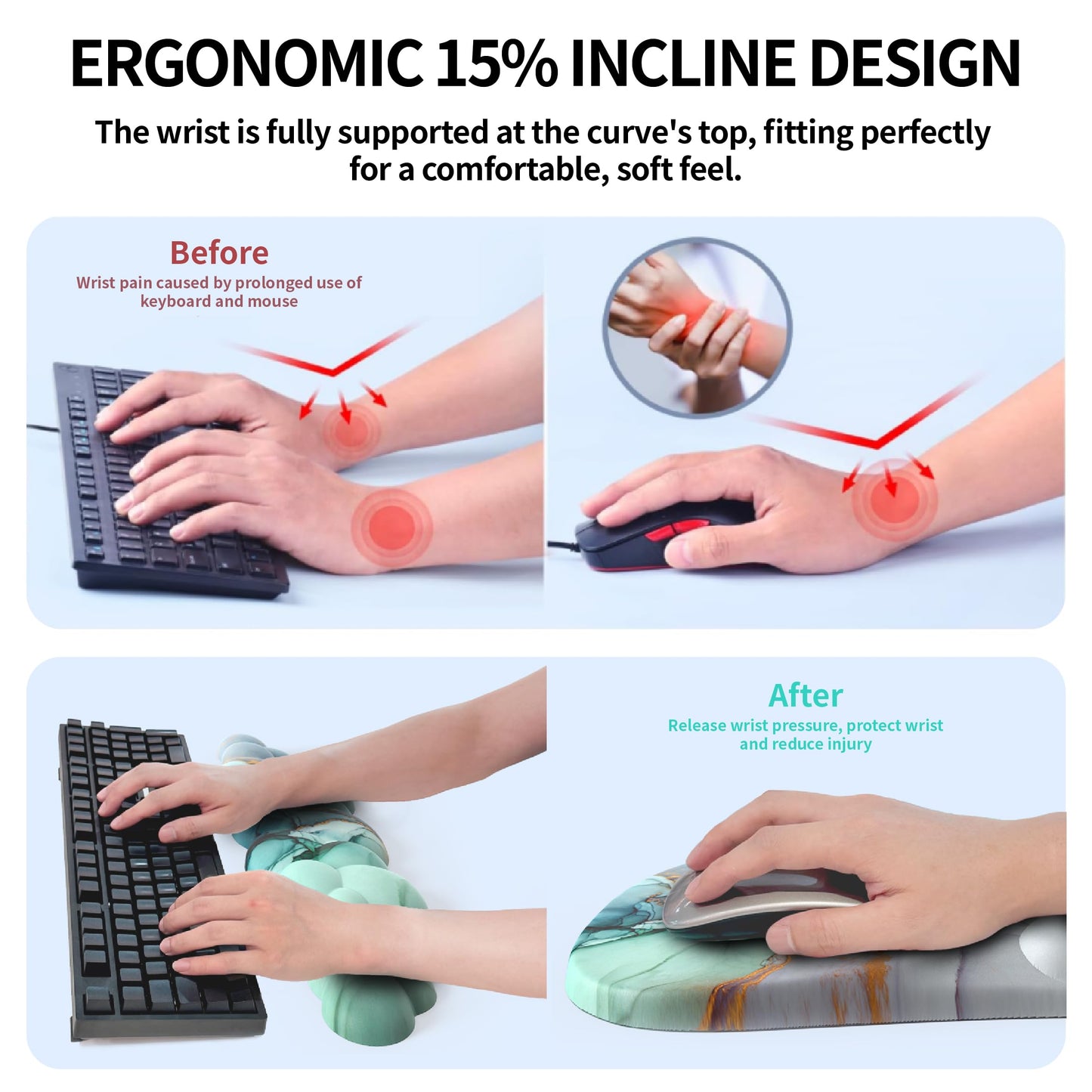 ANGKOYT Ergonomic 2 in 1 Cloud Mouse Pad and Keyboard Wrist Rest, Non-Slip, Relieves Wrist Pain