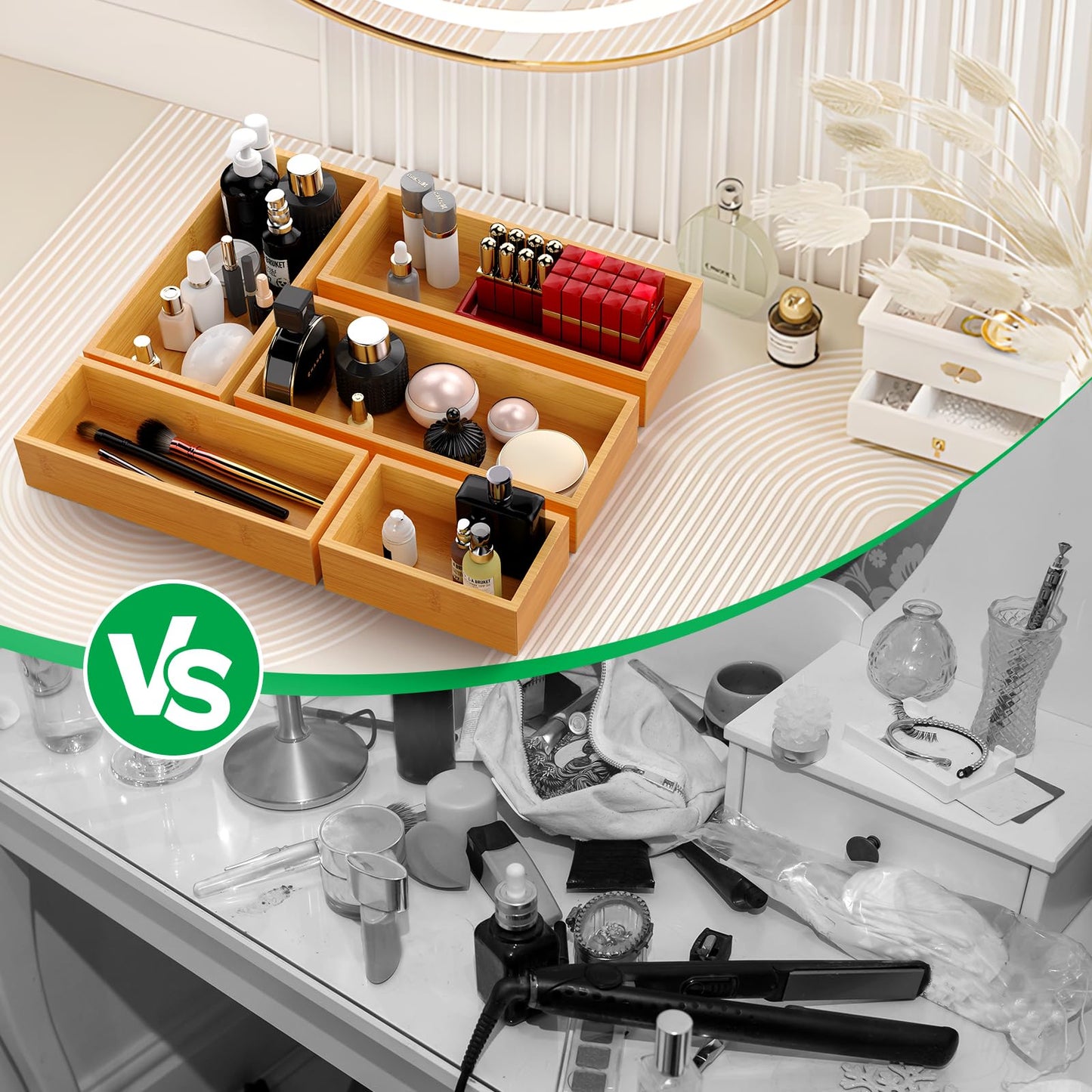 Bayting Bamboo Drawer Organizer Set, 5-Piece Storage Trays for Kitchen, Bathroom, Office Desk