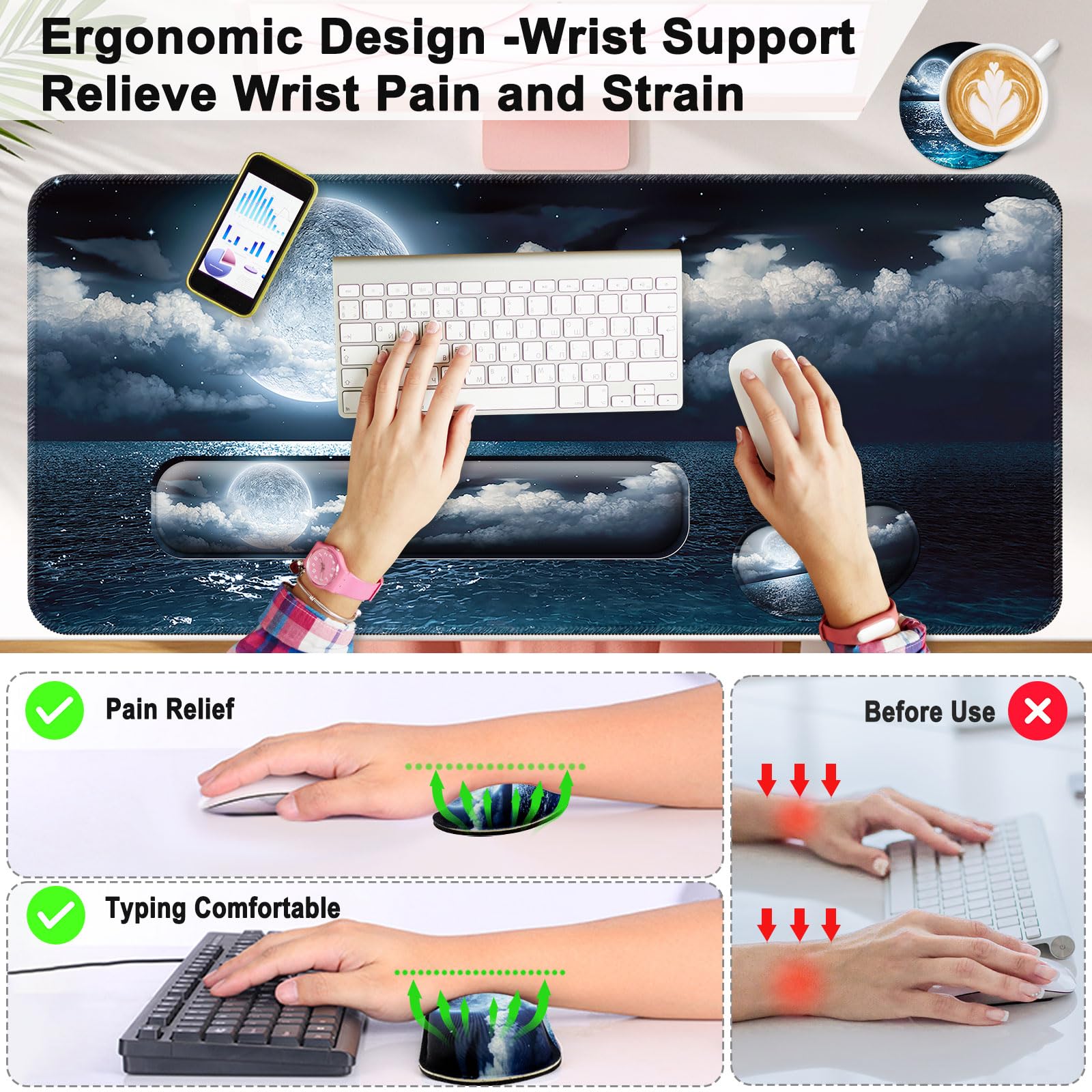 4 in 1 Mouse Pad and Keyboard Wrist Rest,Large Desk Mat,Coaster Set-Ocean