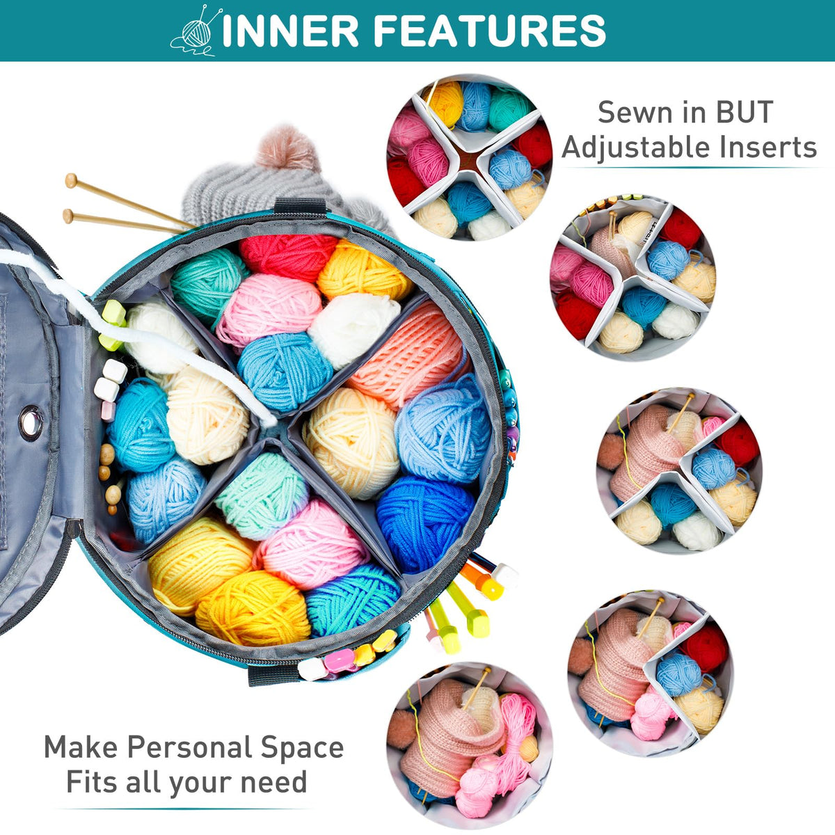 MYBAGZING Expandable Crochet Bag Organizer w/Yarn Grommets& Zipper Closure