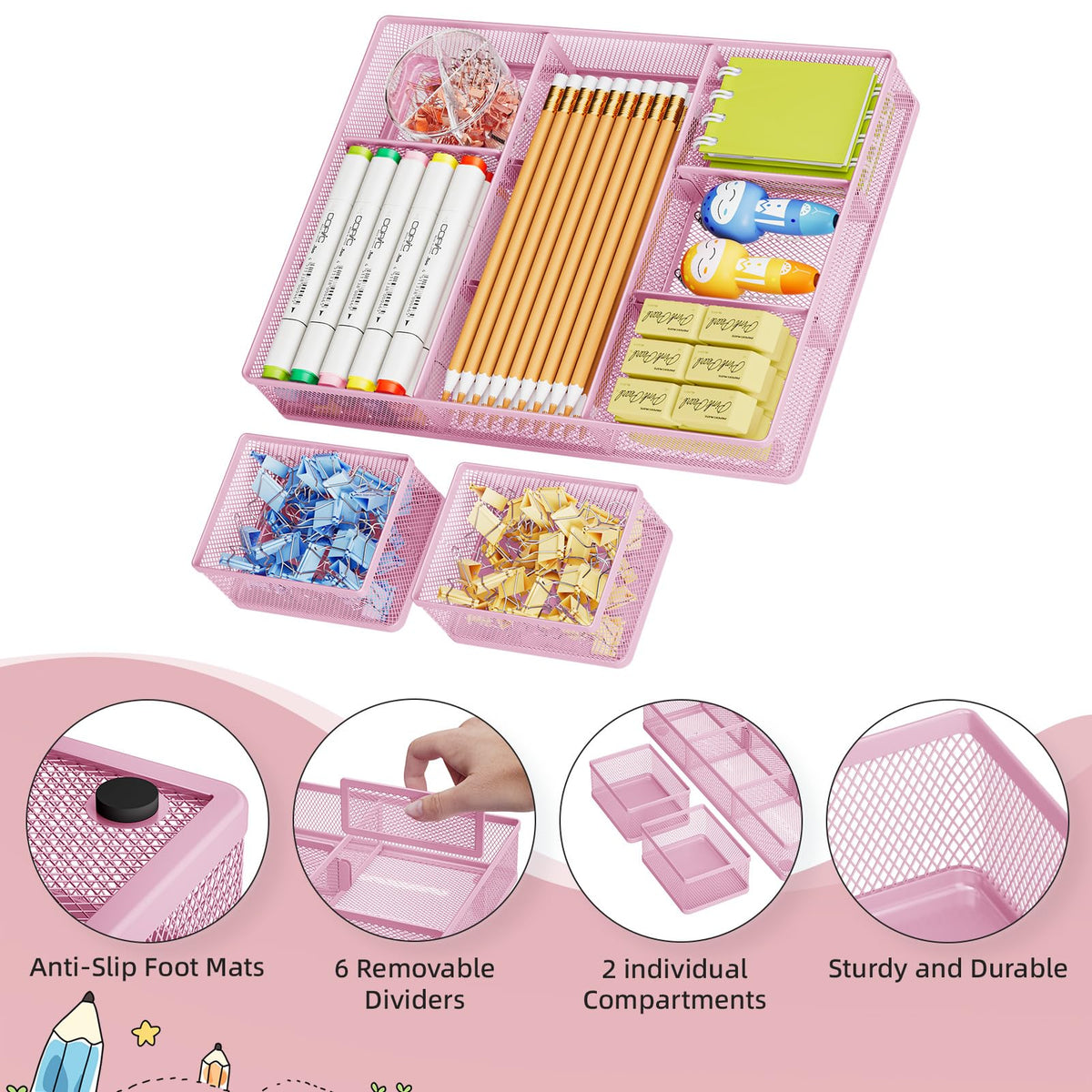 Marbrasse Mesh Desk Drawer Organizer Tray 3 Packs, Pink