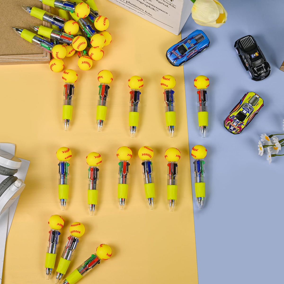LiYiQ 25 Pcs Softball Multicolor Pen in One Cartoon Cute Fun 4-in-1 Cute Pens Bulk Kawaii Softball